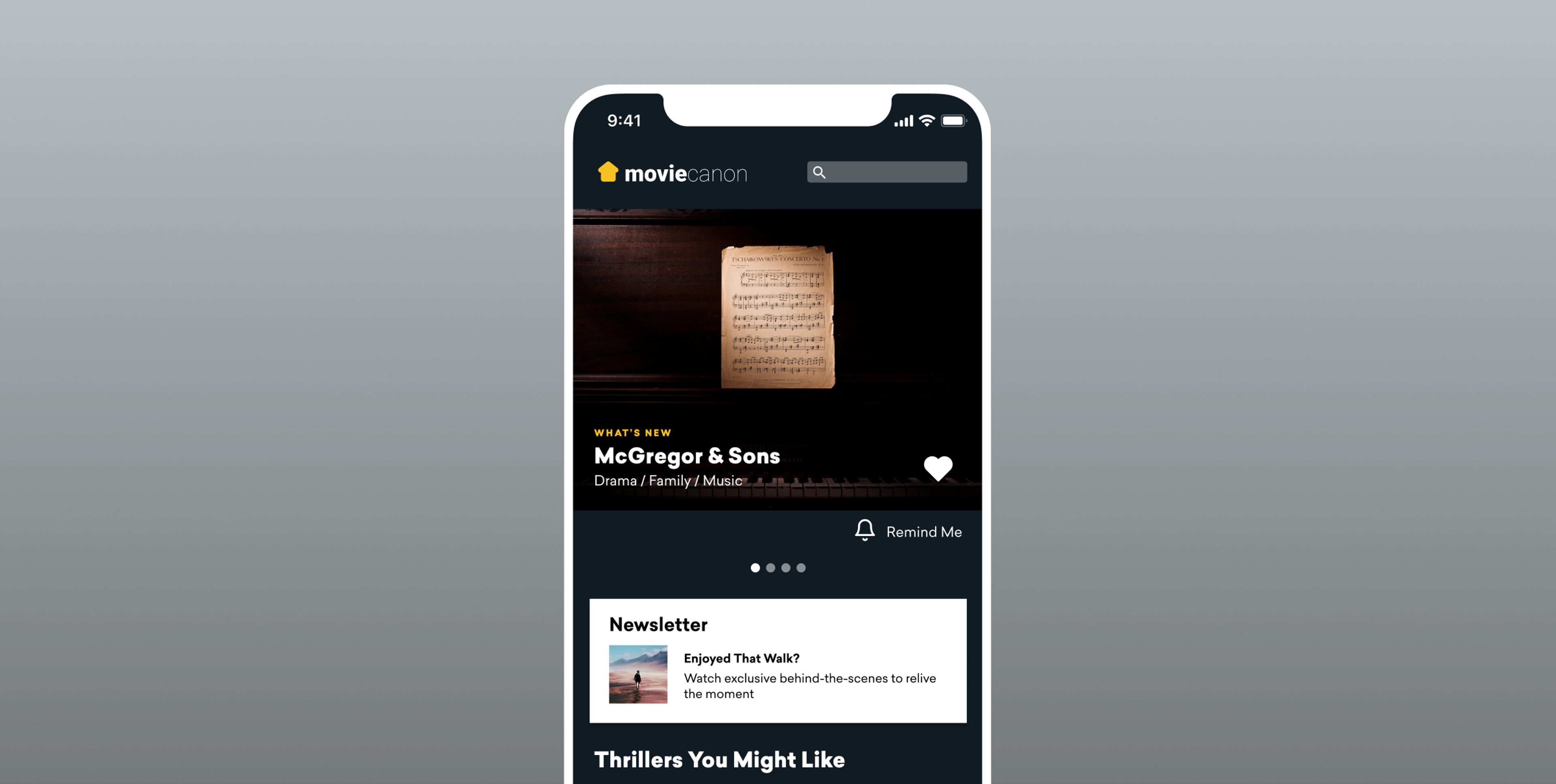 A smartphone screen displaying a movie streaming app with a highlighted title "McGregor & Sons" and sections for newsletters and recommended thrillers.
