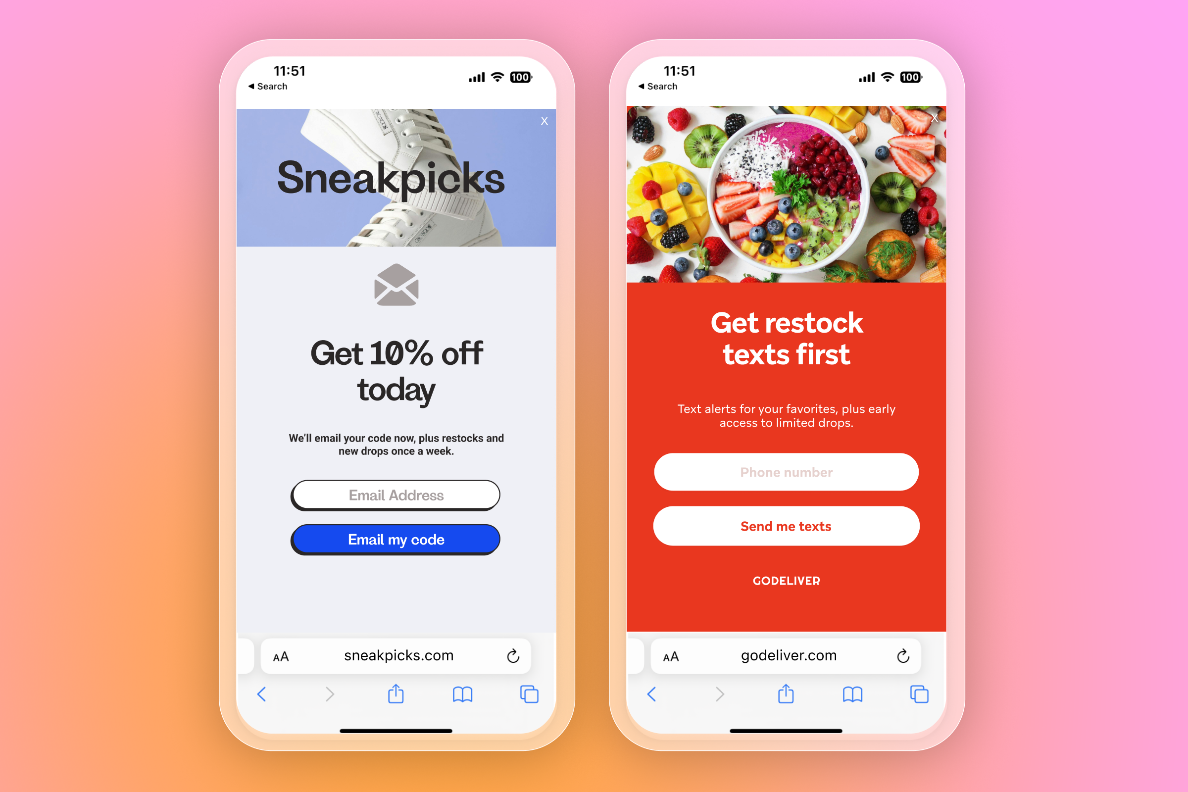 Two mobile phones displaying pop-up forms; one for email signup featuring a sneaker, the other for text alerts featuring a food bowl.