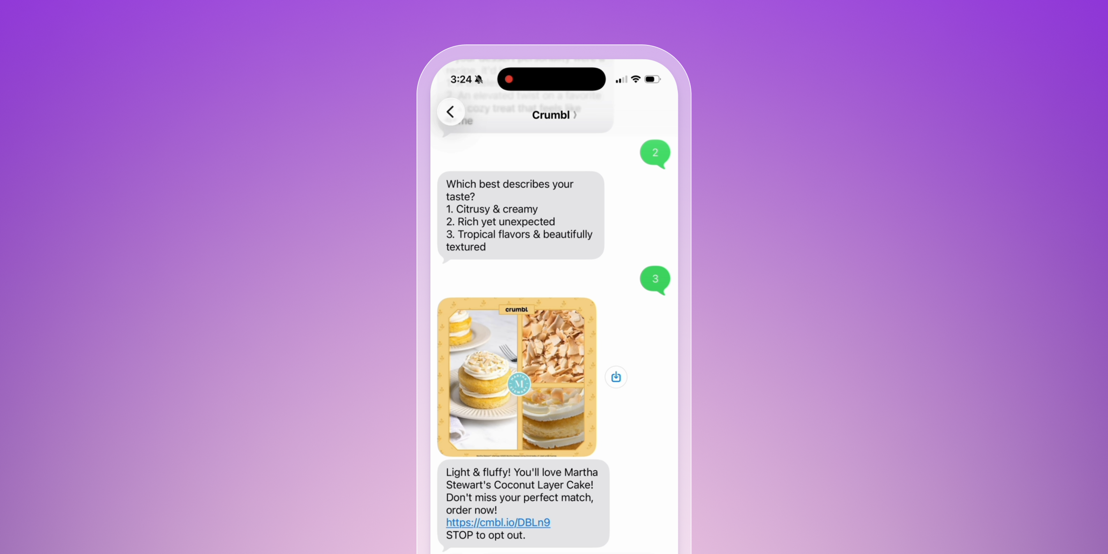 A smartphone displays a Crumbl text conversation recommending Martha Stewart’s Coconut Layer Cake based on a taste quiz, against a purple gradient background.