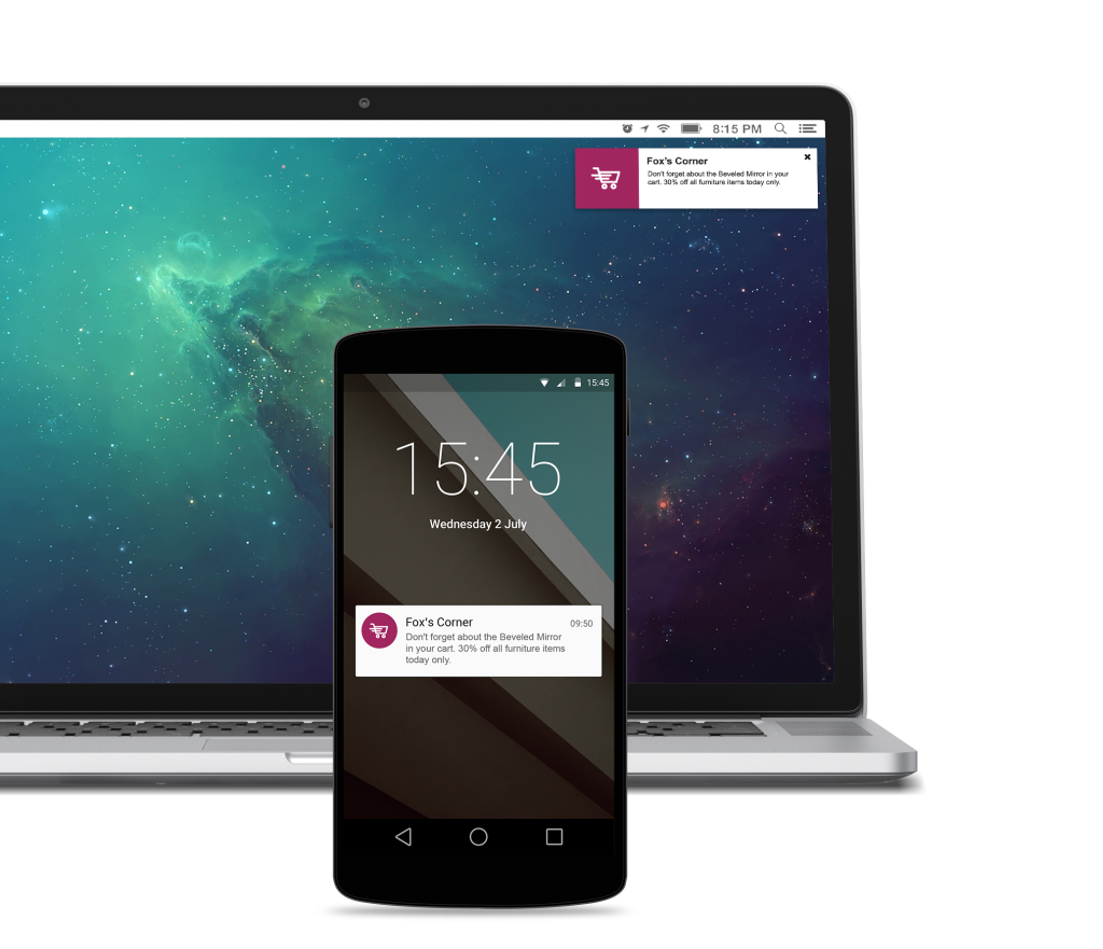 A smartphone displaying a notification from "Far's Corner" with the time 15:45 on a Wednesday, in front of a laptop showing a cosmic background.