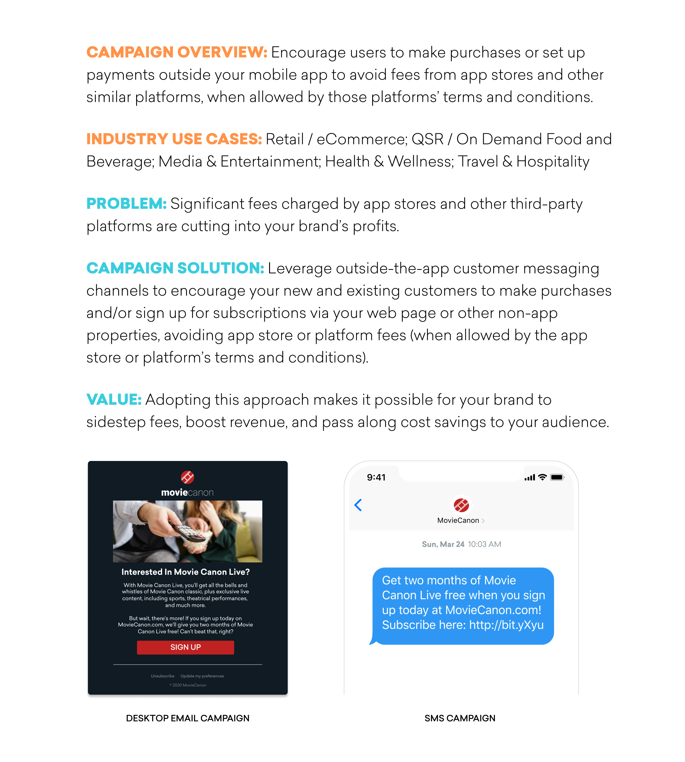 A graphic outlining a campaign overview for encouraging app purchases and subscriptions, featuring sections on industry use cases, problems, and value propositions. It includes examples of desktop email and SMS campaigns.