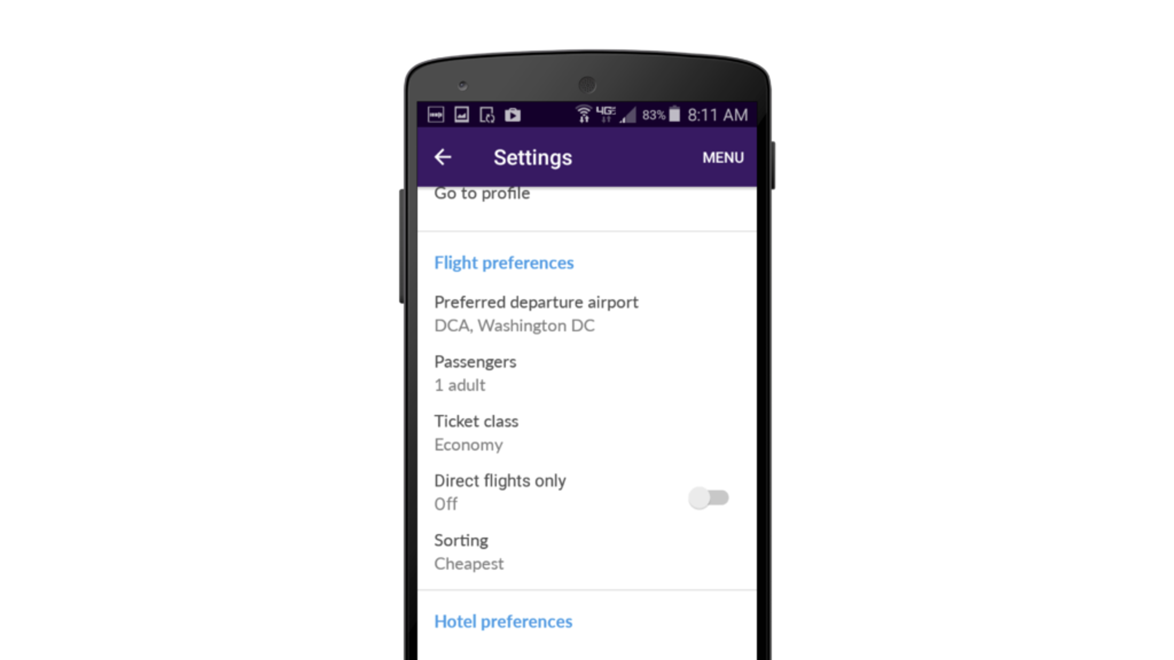 A smartphone screen displaying flight preferences in settings, including options for departure airport, number of passengers, ticket class, and sorting preferences.