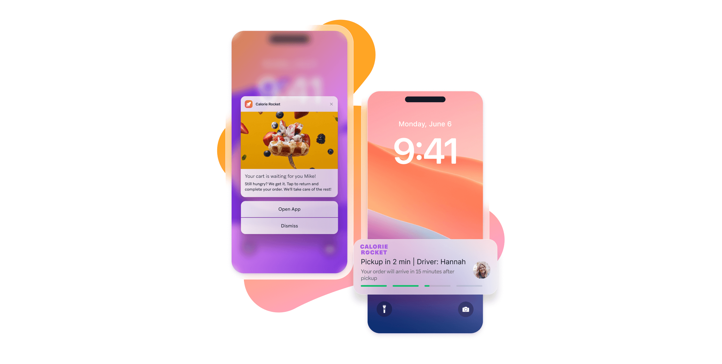 アプリの通知が表示されたスマートフォンの画面。左側にはカロリーに関するメッセージ、右側には時刻が表示されています。