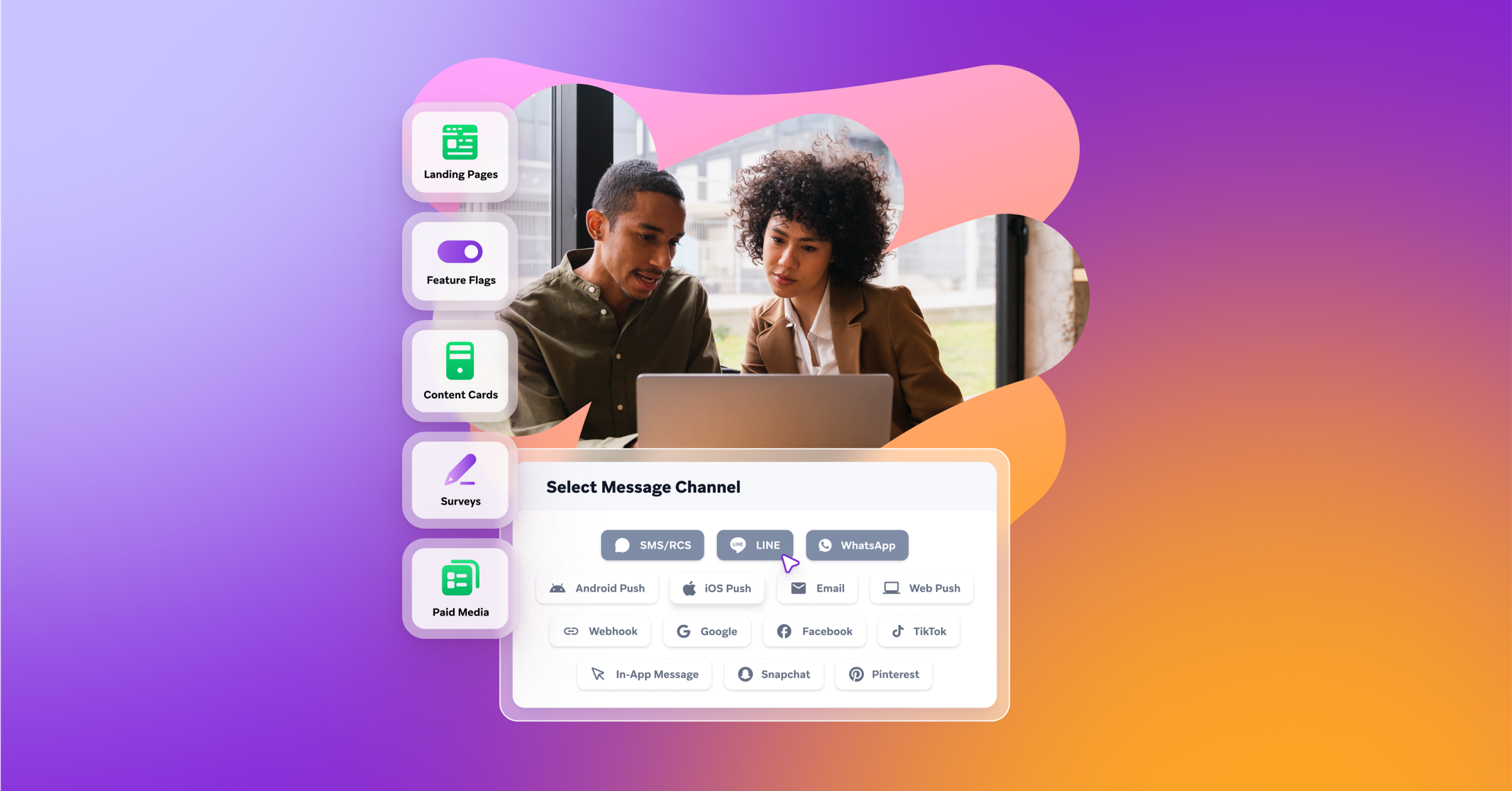a man and a woman are looking at a laptop screen that says select message channel