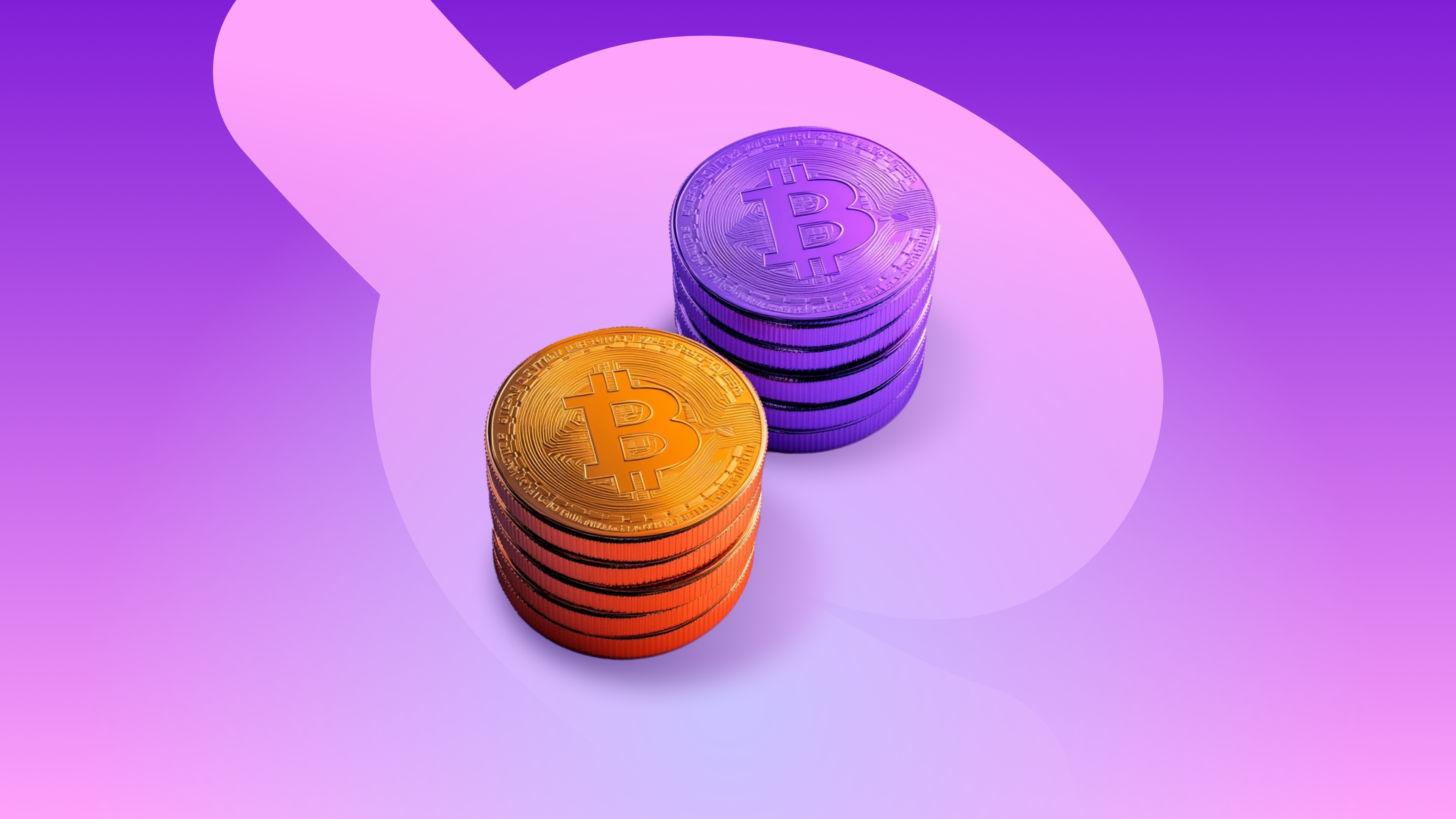 two stacks of coins, one orange and one purple, against a purple background