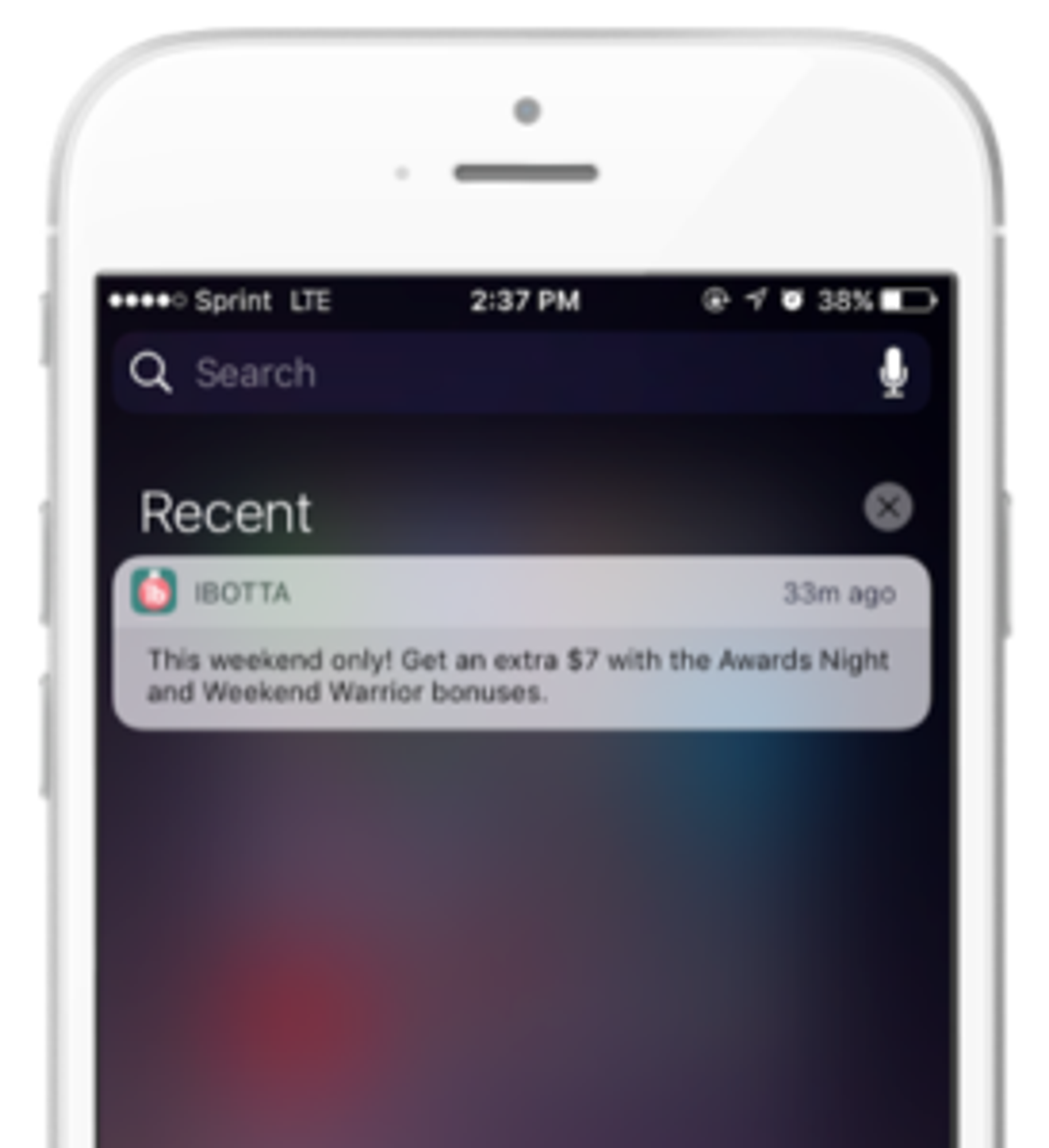 A smartphone screen displaying a notification from the Ibotta app about a limited-time bonus offer. The notification mentions an extra $7 with specific bonuses for the weekend.