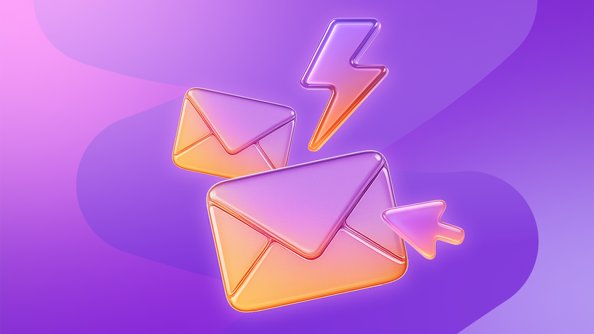 Glossy email envelopes with a cursor and lightning bolt on a purple gradient background.