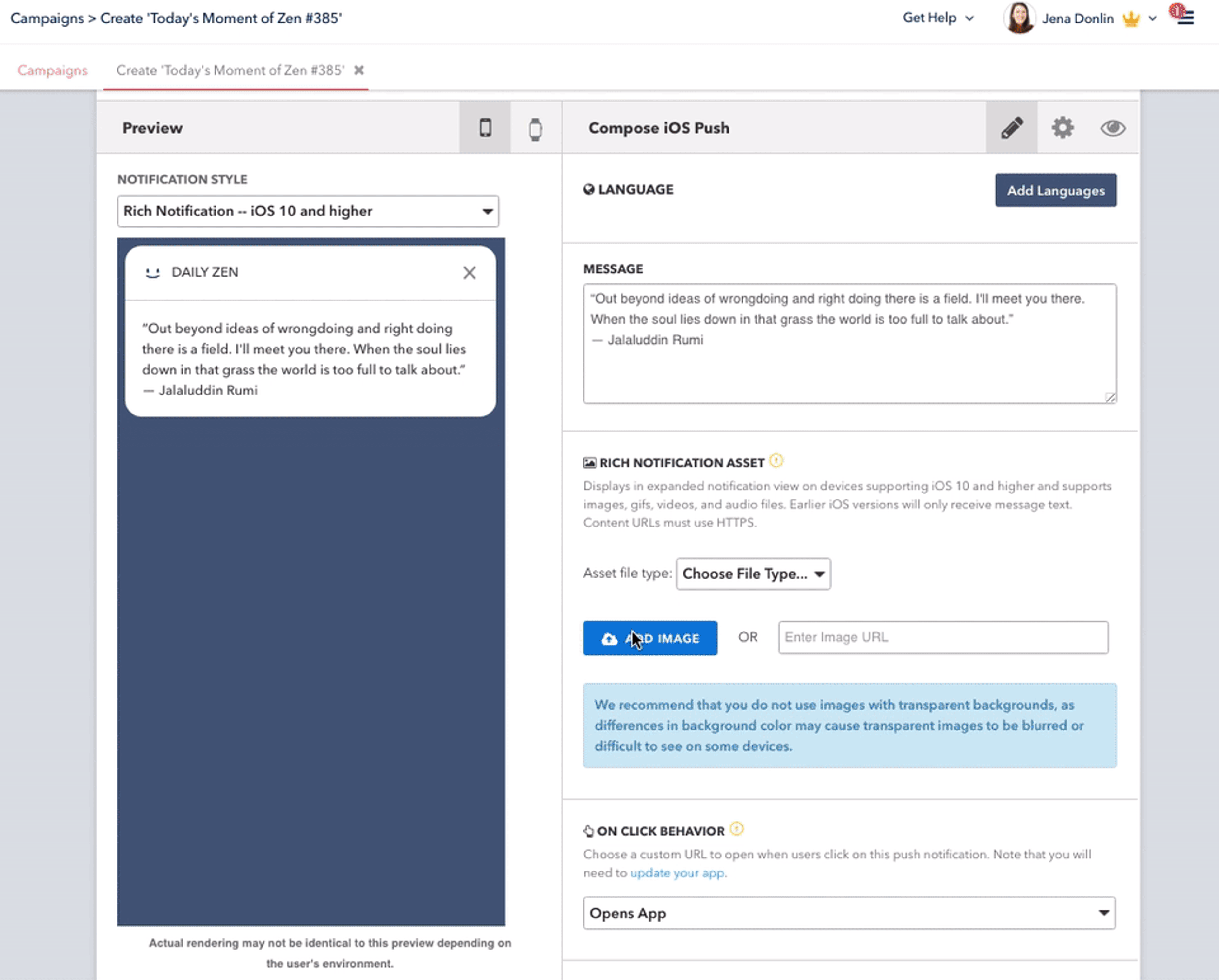 A preview of a campaign creation interface showing a rich notification setup for iOS. The left side displays a message titled "DAILY ZEN" with a quote, while the right side contains options to add languages and upload assets.