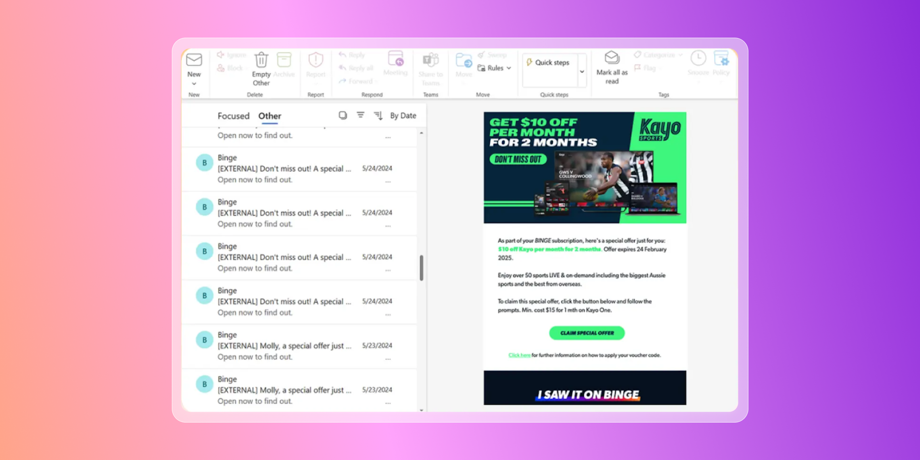 Microsoft Outlook displays a list of Binge promotional emails and an open message offering $10 off Kayo Sports per month for two months.