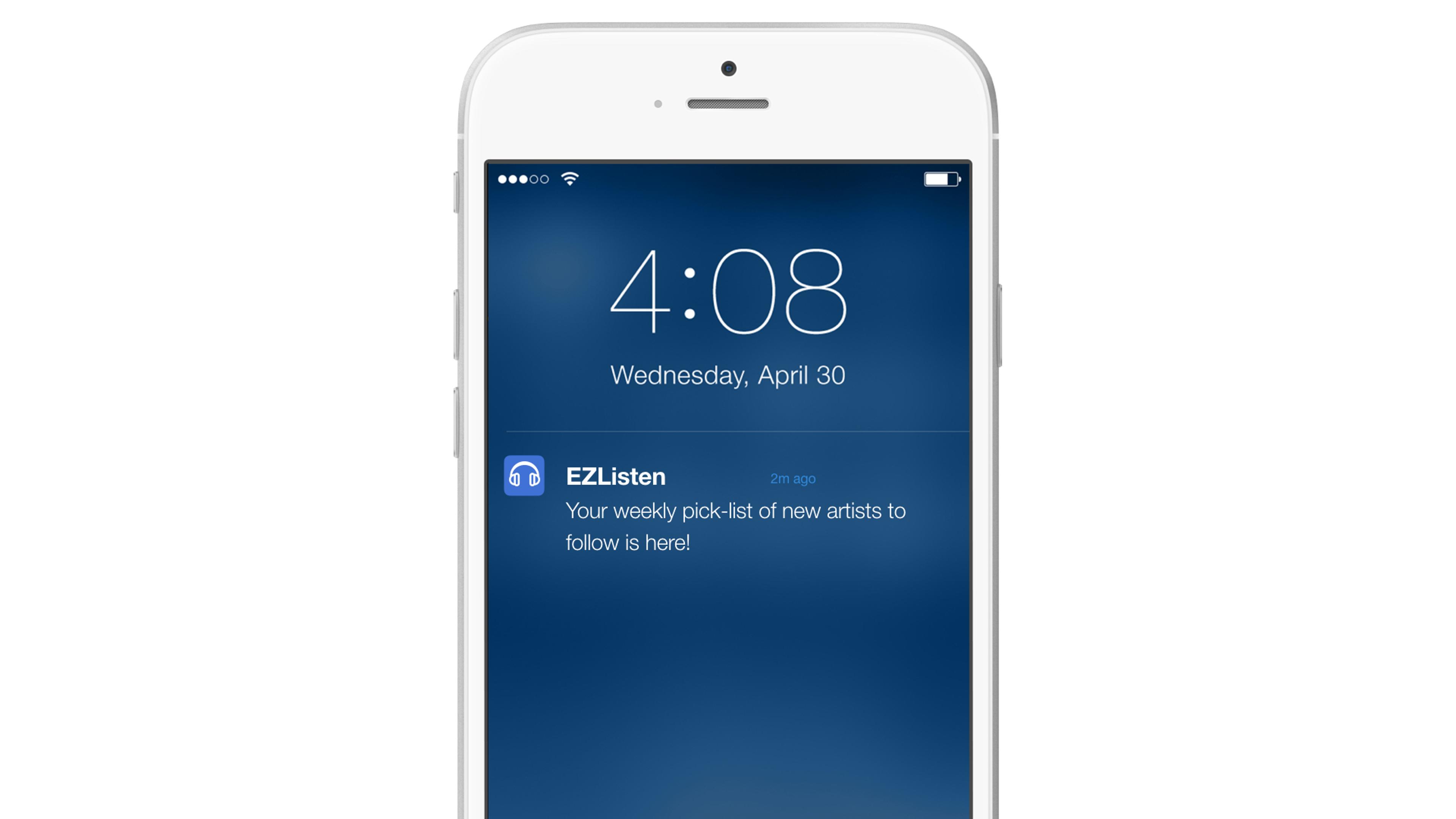 A smartphone screen displaying a notification for the EZListen app, indicating a weekly pick-list of new artists to follow. The time is 4:08 PM on Wednesday, April 30.