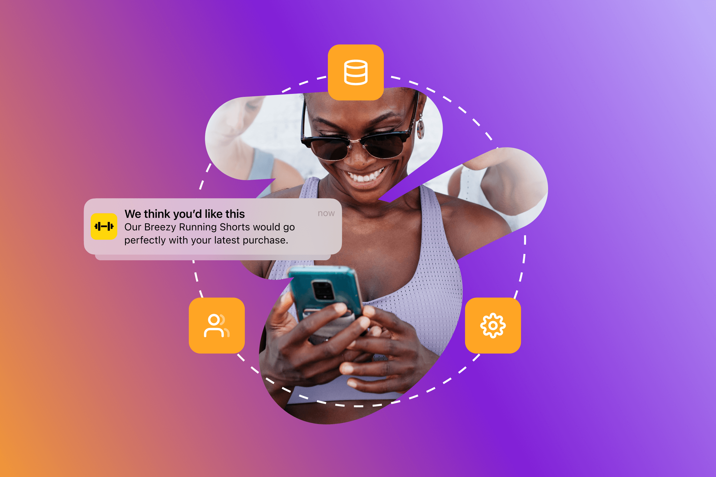 a woman is looking at her phone with a message that says we think you 'd like this