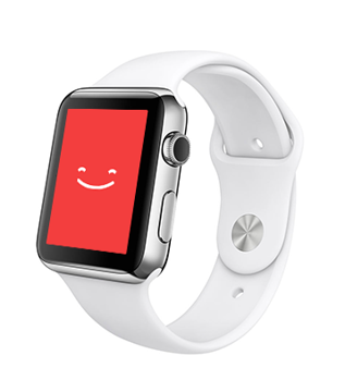 A silver smartwatch with a white band displaying a red screen featuring a smiling face.