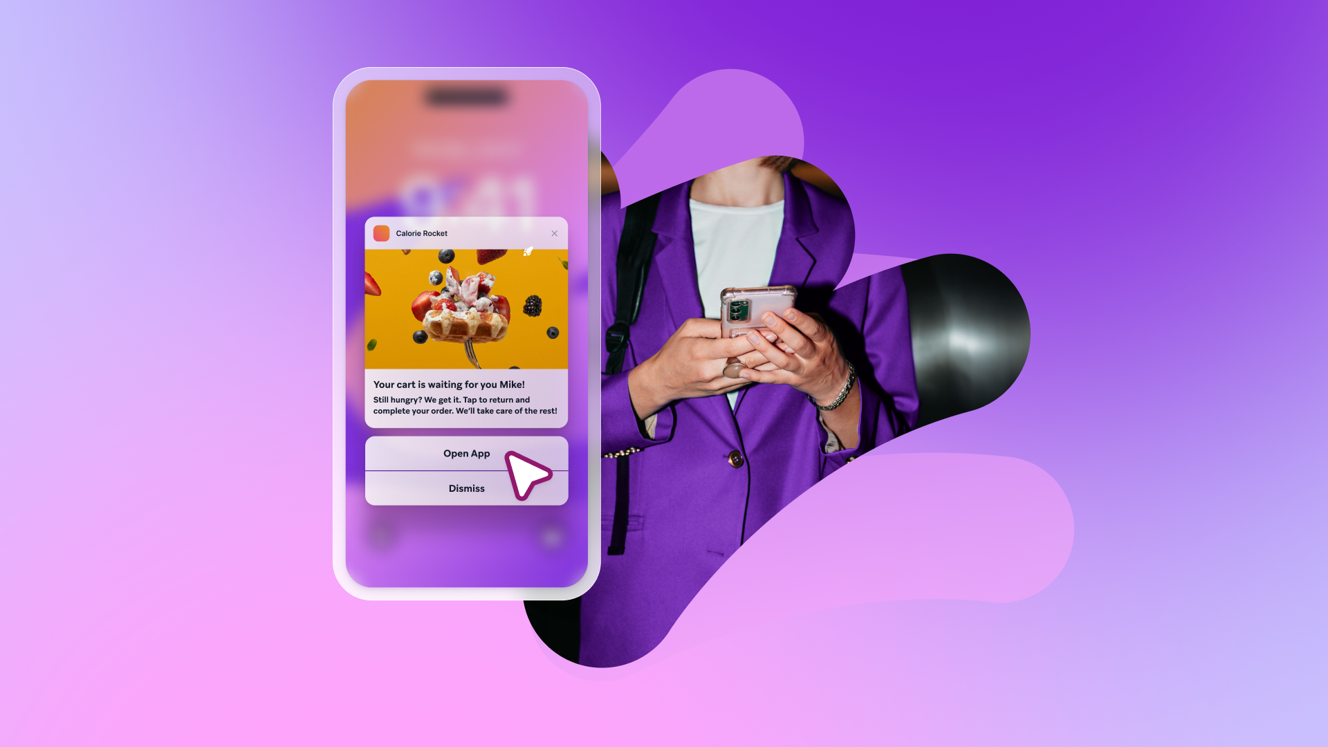 a woman in a purple jacket is holding a cell phone