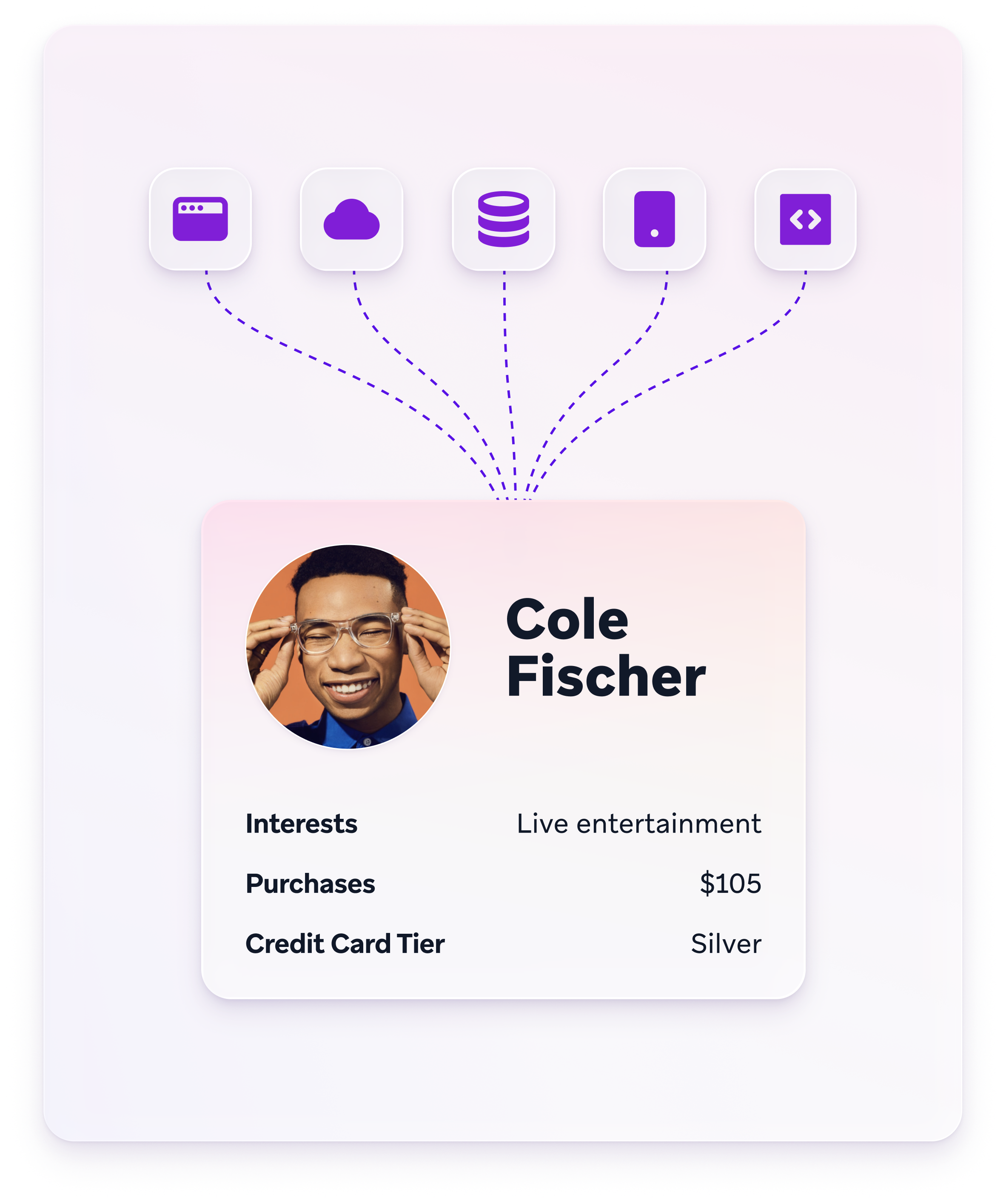 Customer profile for Cole Fischer showing live entertainment interests, $105 in purchases, and Silver credit card tier, connected to multiple data sources.