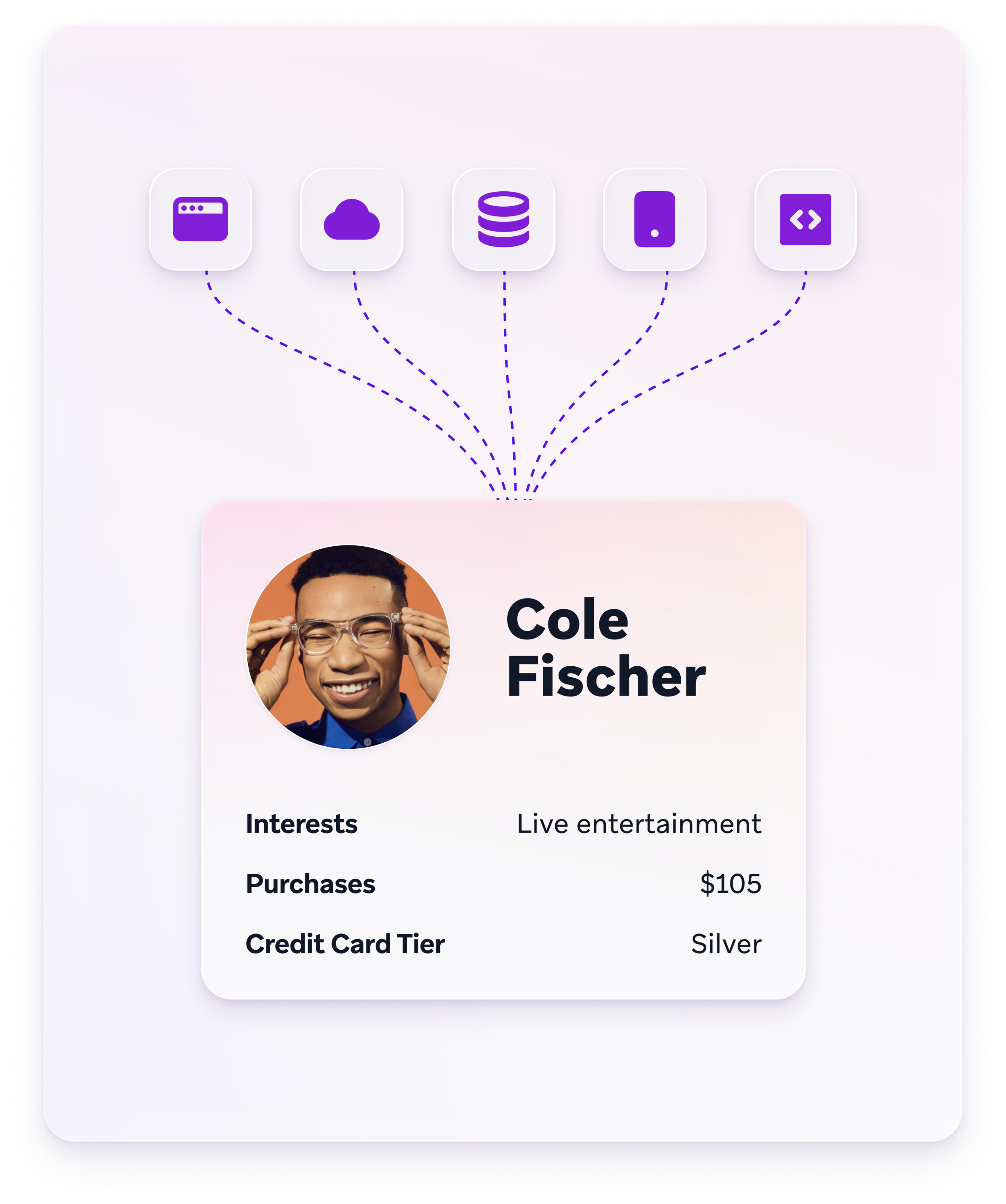 Customer profile for Cole Fischer showing live entertainment interests, $105 in purchases, and Silver credit card tier, connected to multiple data sources.