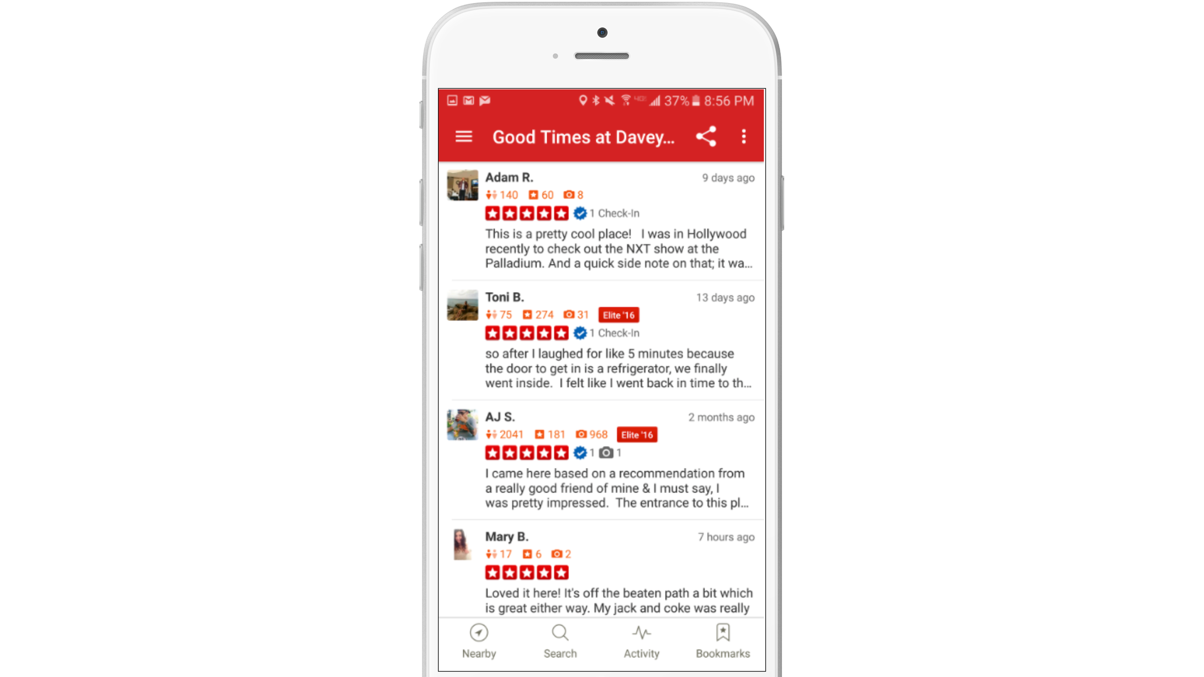 A smartphone displaying a review app with several user comments about a venue called Davey. The reviews mention experiences and recommendations from different users.