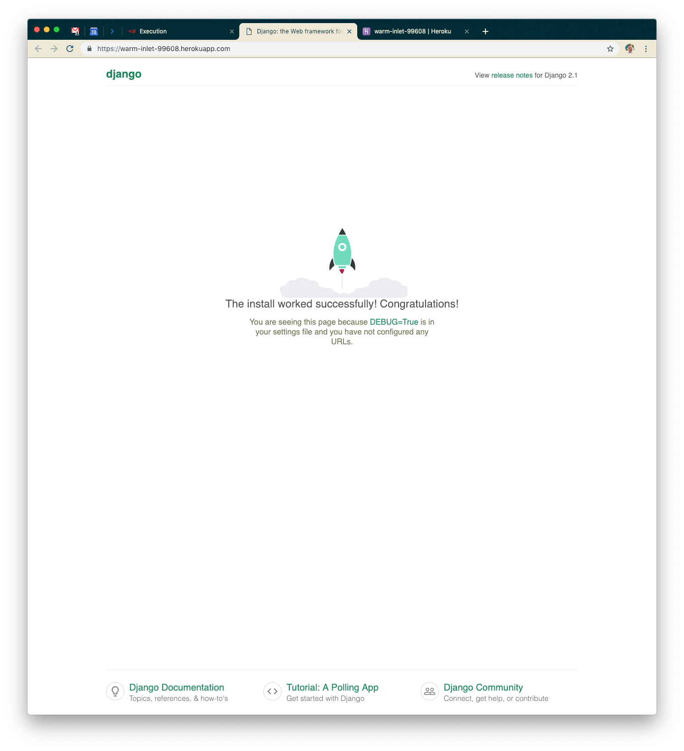 A success message indicating that the Django installation worked successfully, featuring a rocket icon. The background is plain white with navigation links at the top.