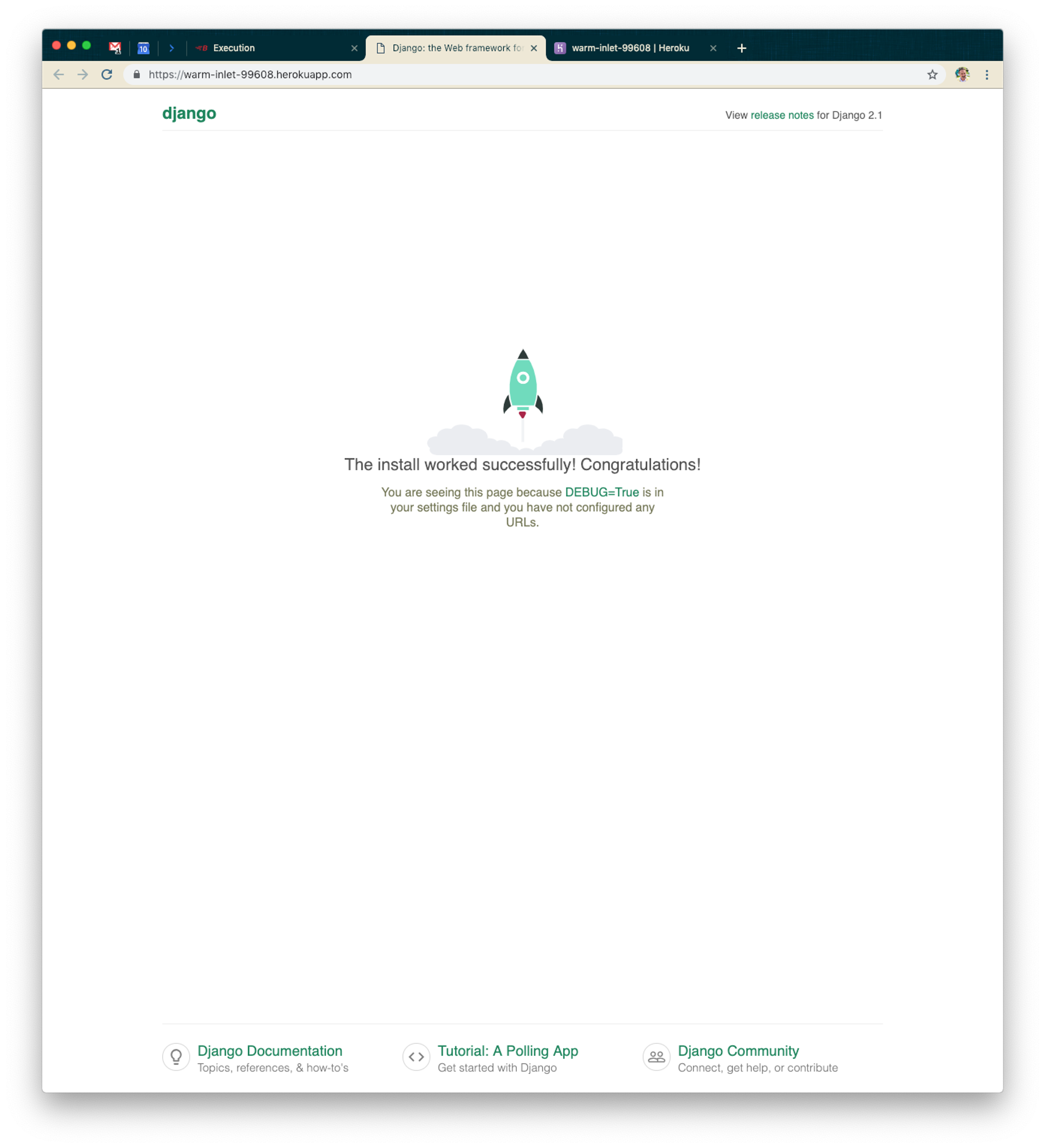 A success message indicating that the Django installation worked successfully, featuring a rocket icon. The background is plain white with navigation links at the top.