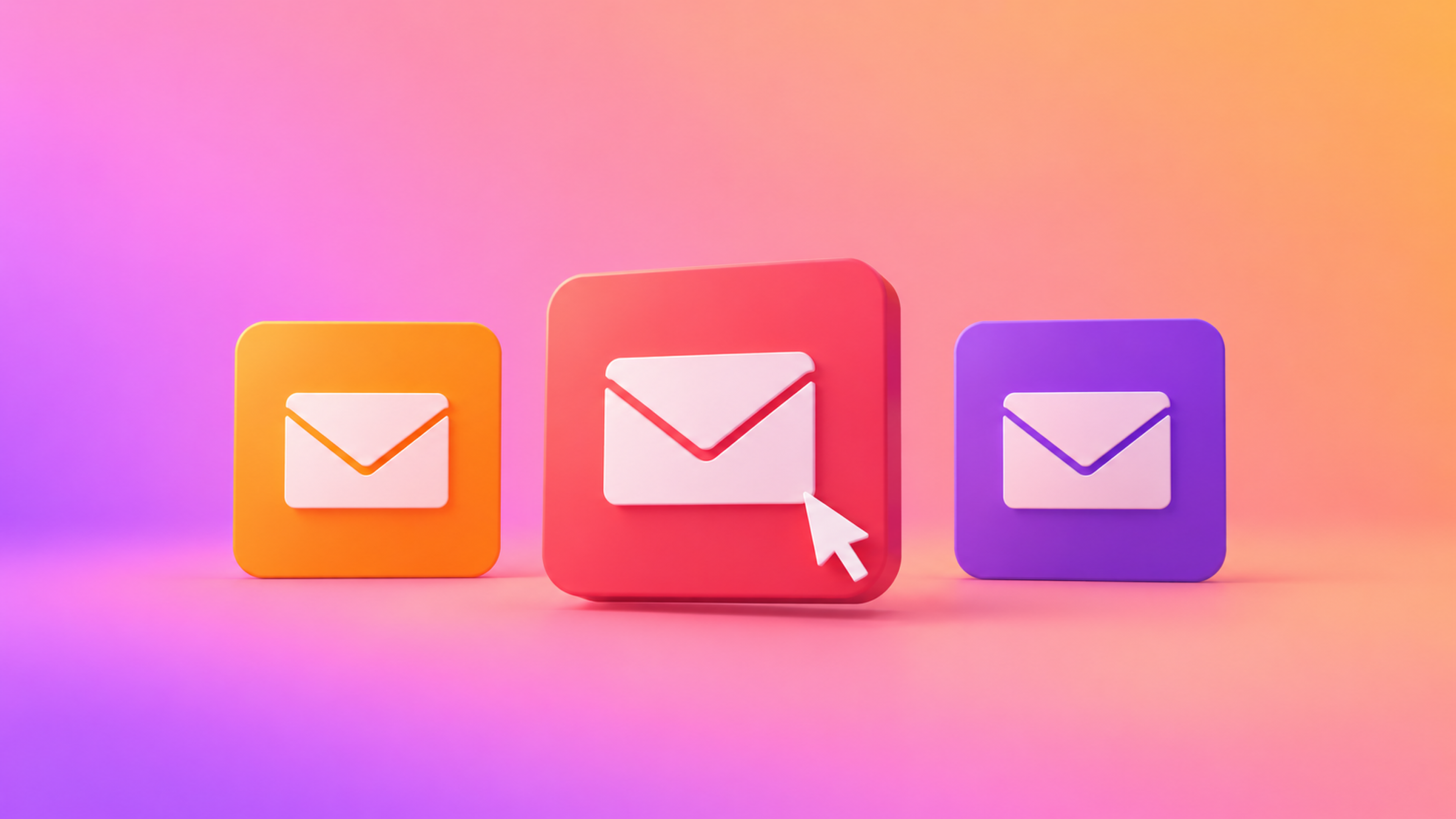 Three colorful email icons with white envelopes, with a cursor pointing at the large red icon in the center.
