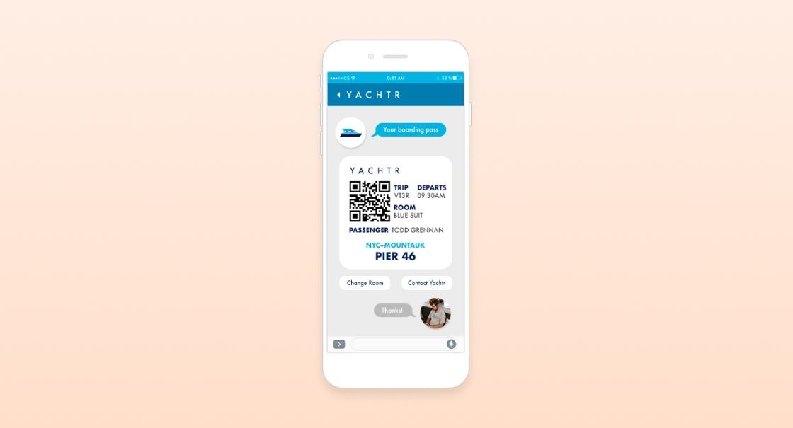 A smartphone screen displaying a digital boarding pass for a yacht trip, including a QR code, passenger name, and departure details. The background is a soft peach color.