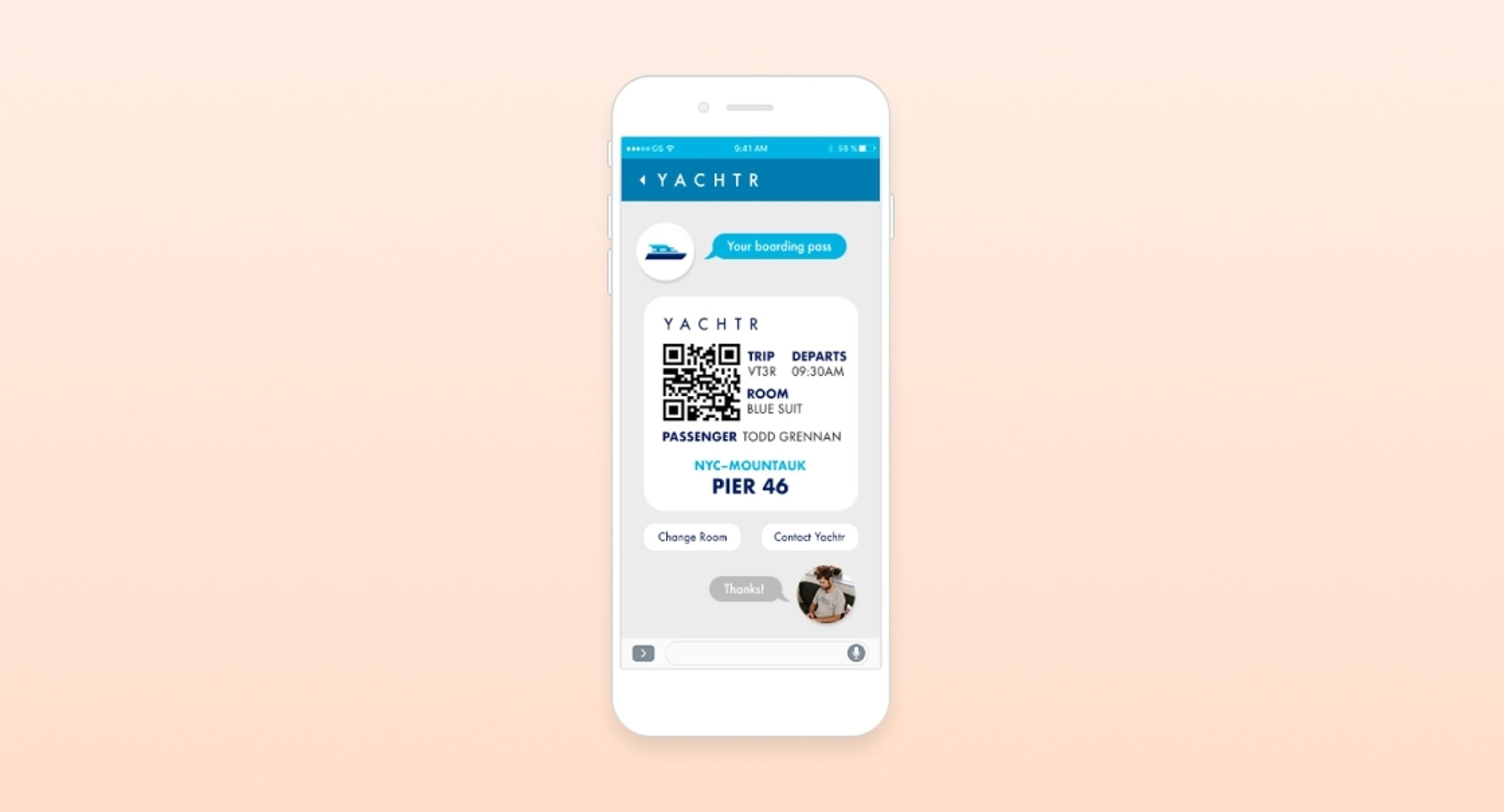 A smartphone screen displaying a digital boarding pass for a yacht trip, including a QR code, passenger name, and departure details. The background is a soft peach color.