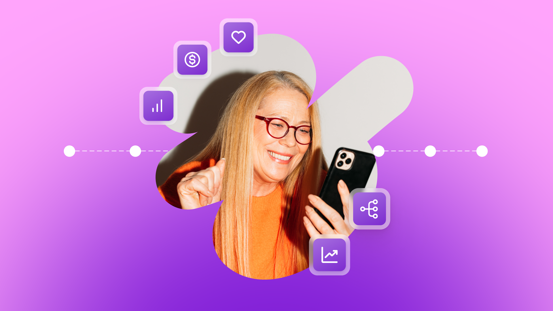 A smiling woman holds a smartphone amidst floating digital icons representing data, finance, and social media on a purple background.