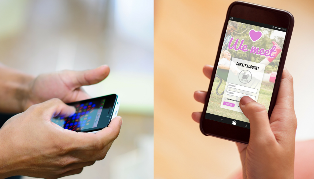 Two images side by side: one shows a person holding a smartphone with a colorful game on the screen, and the other shows a person using a smartphone displaying a dating app sign-up page.