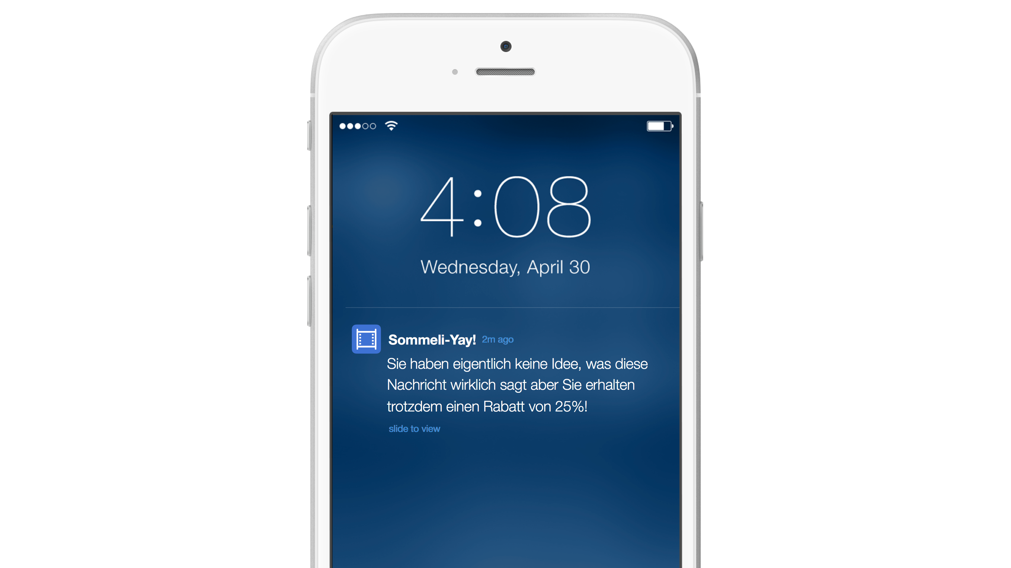 A smartphone screen displaying a notification at 4:08 PM on Wednesday, April 30, with a message about a discount.