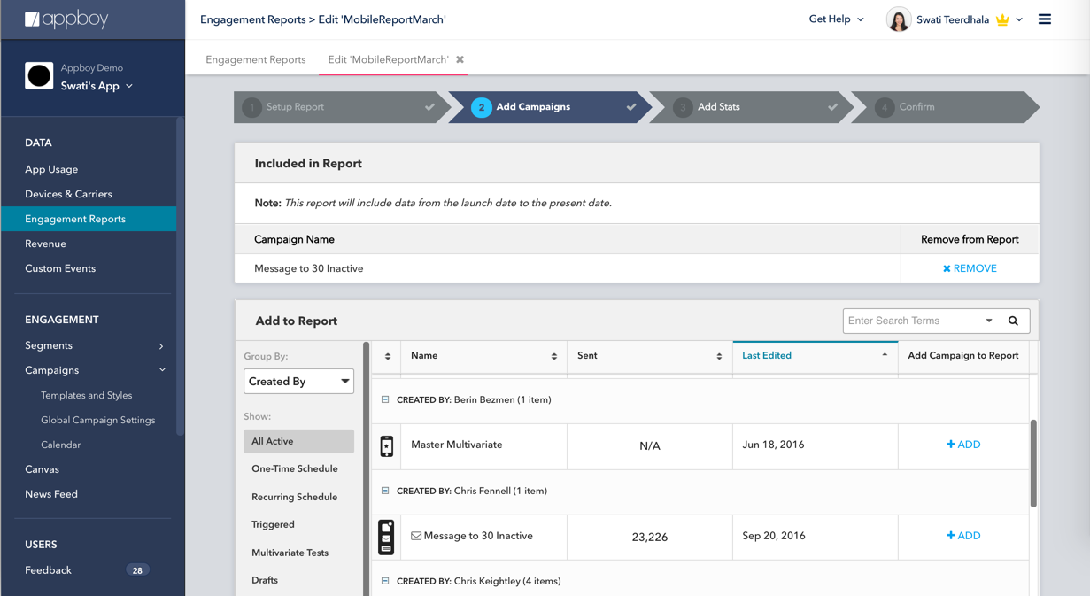 A user interface displaying an engagement report with options to add campaigns and view details about messages sent. The report includes a list of campaigns with their status and last edited dates.