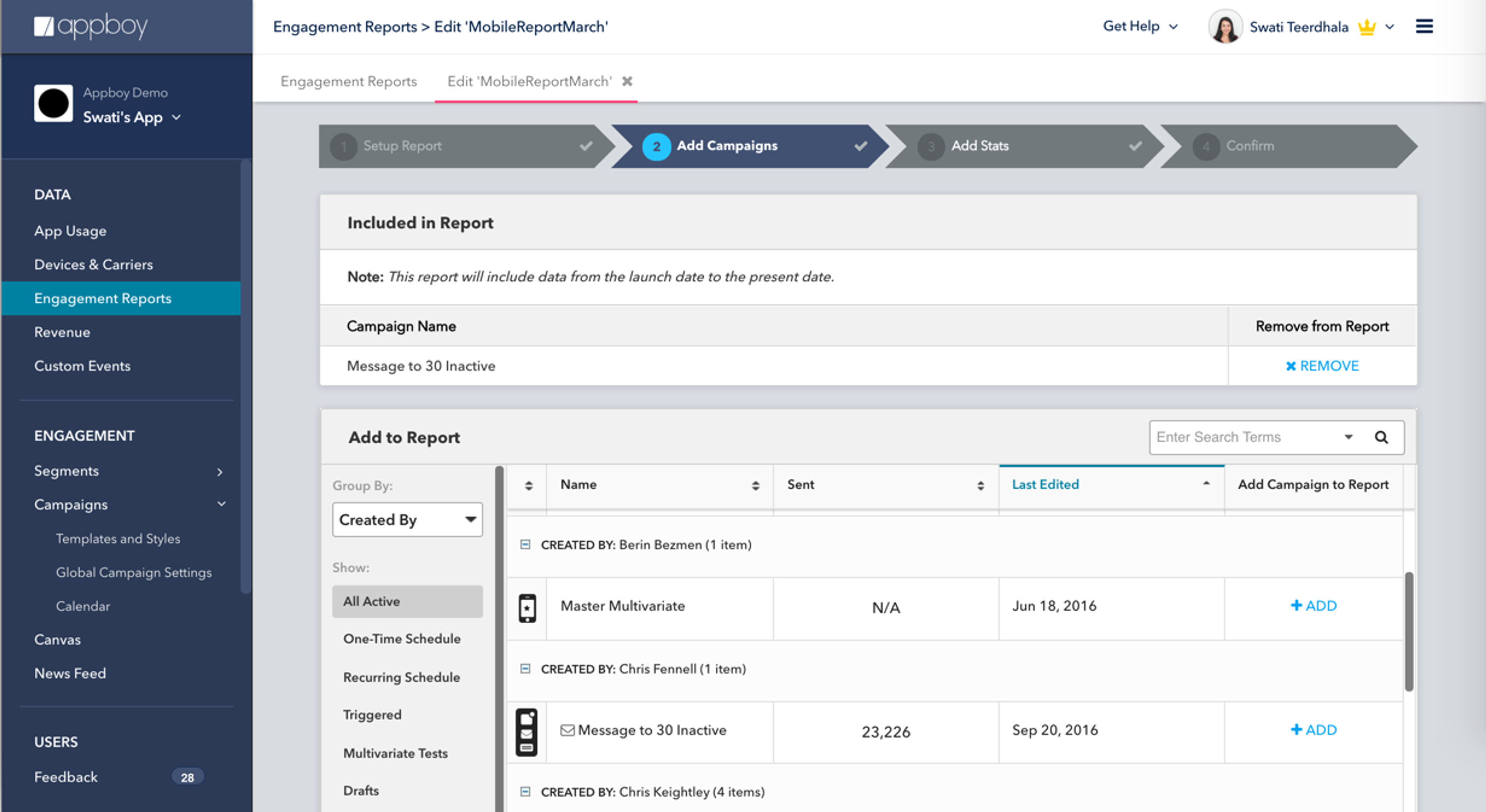 A user interface displaying an engagement report with options to add campaigns and view details about messages sent. The report includes a list of campaigns with their status and last edited dates.