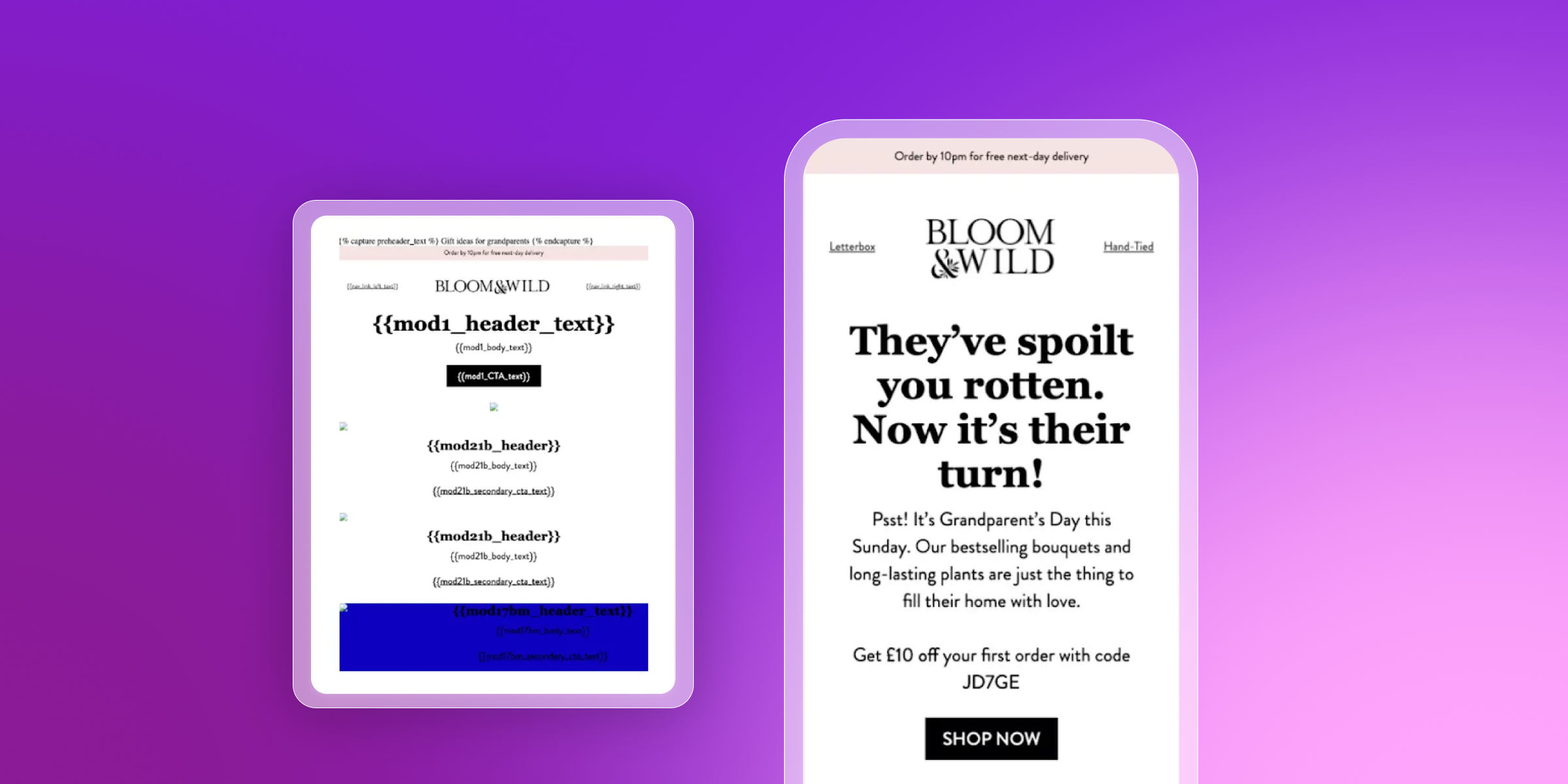 Two mobile phone screens displaying promotional emails from Bloom & Wild, featuring text about a special offer for Grandparent's Day. The background is a gradient of purple.