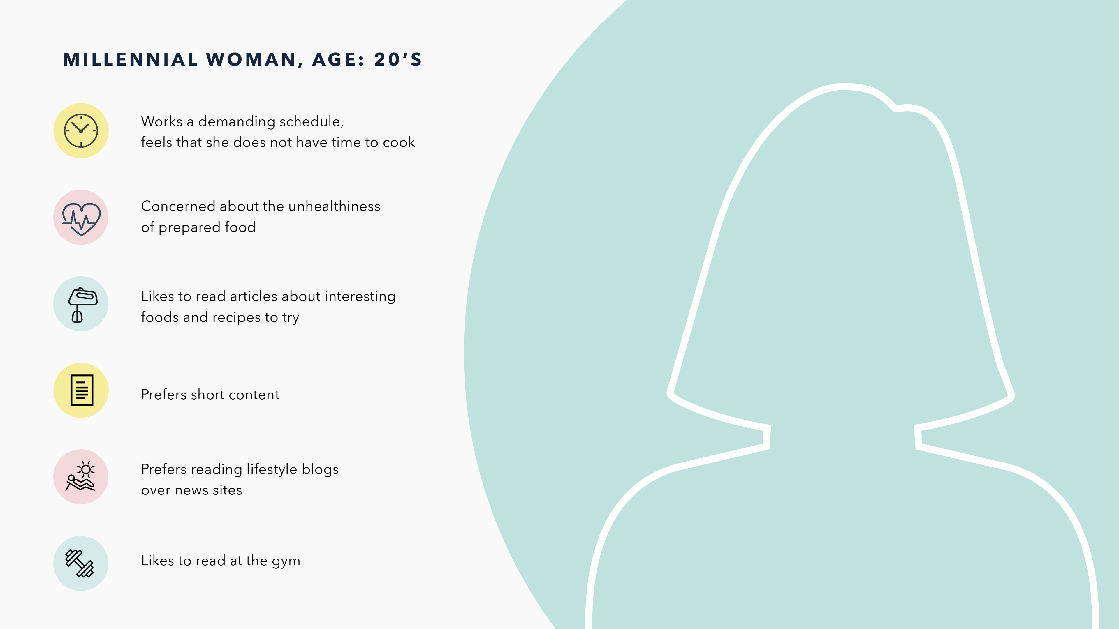 Silhouette of a woman with a light blue background, accompanied by bullet points describing her characteristics and preferences, such as a demanding schedule and interest in healthy food.
