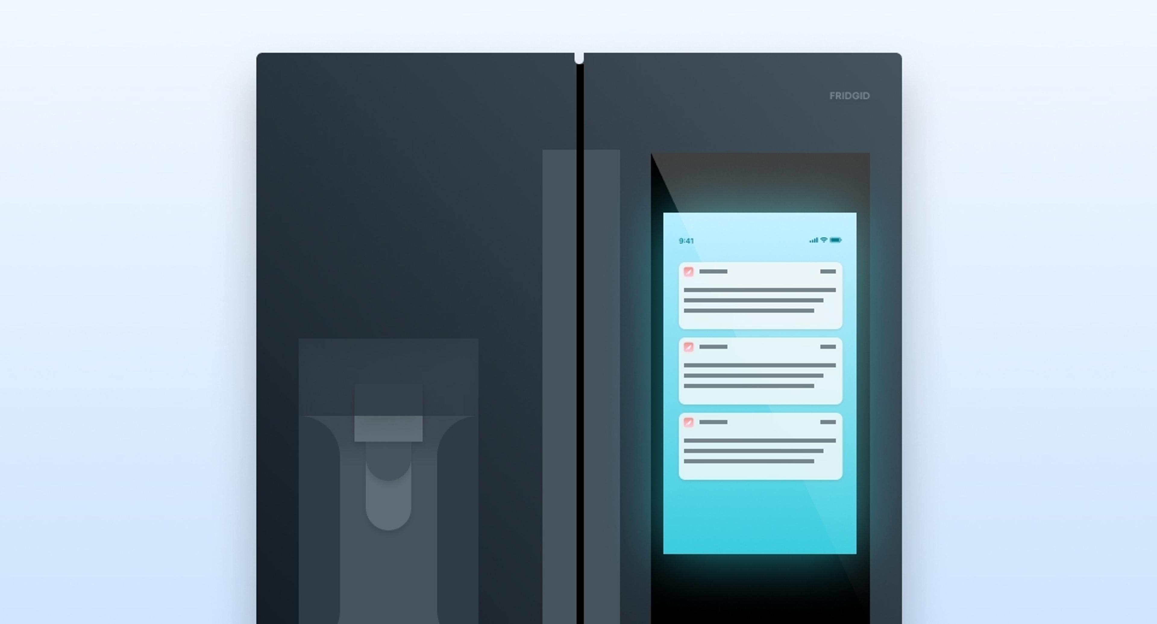 A modern refrigerator with a touchscreen display showing notifications. The fridge has a sleek, dark design and a water dispenser on the left side.