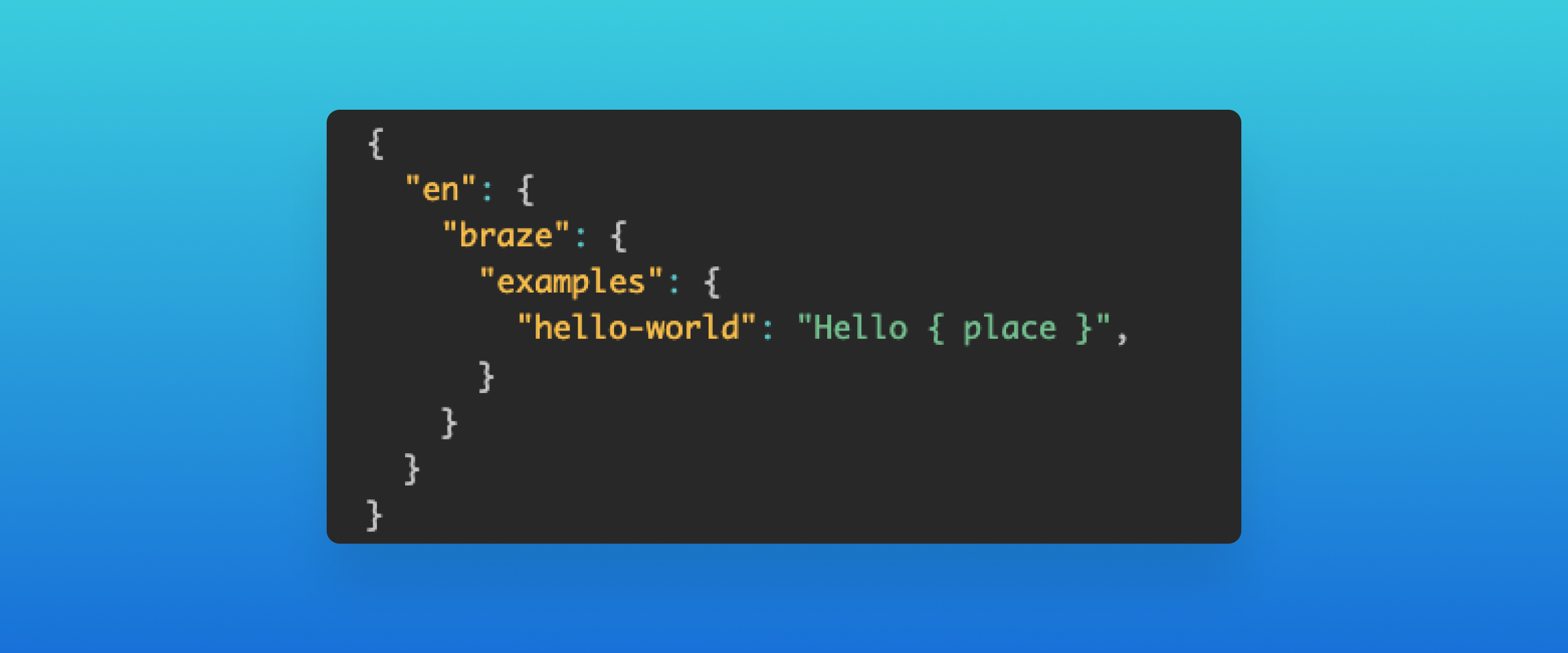 A code snippet displaying a JSON structure with a greeting example. The background features a gradient from blue to teal.