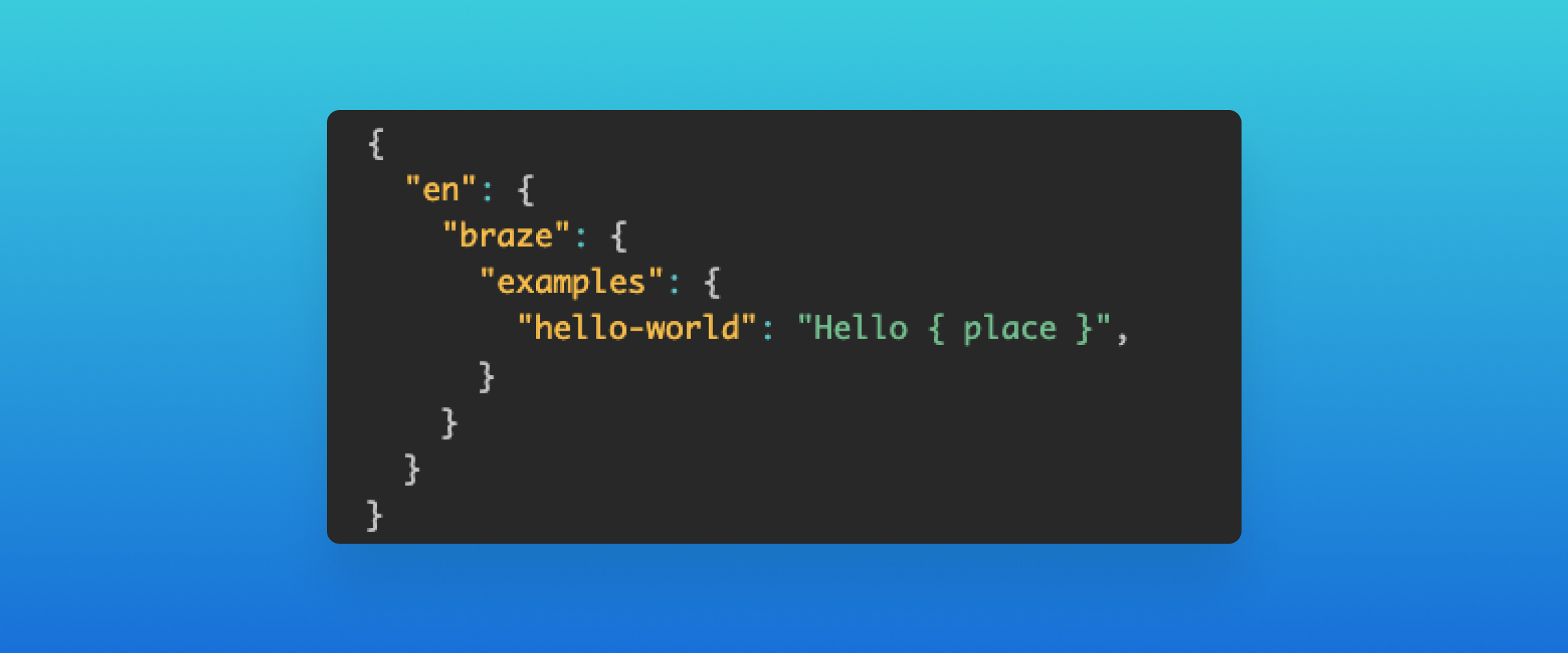A code snippet displaying a JSON structure with a greeting example. The background features a gradient from blue to teal.