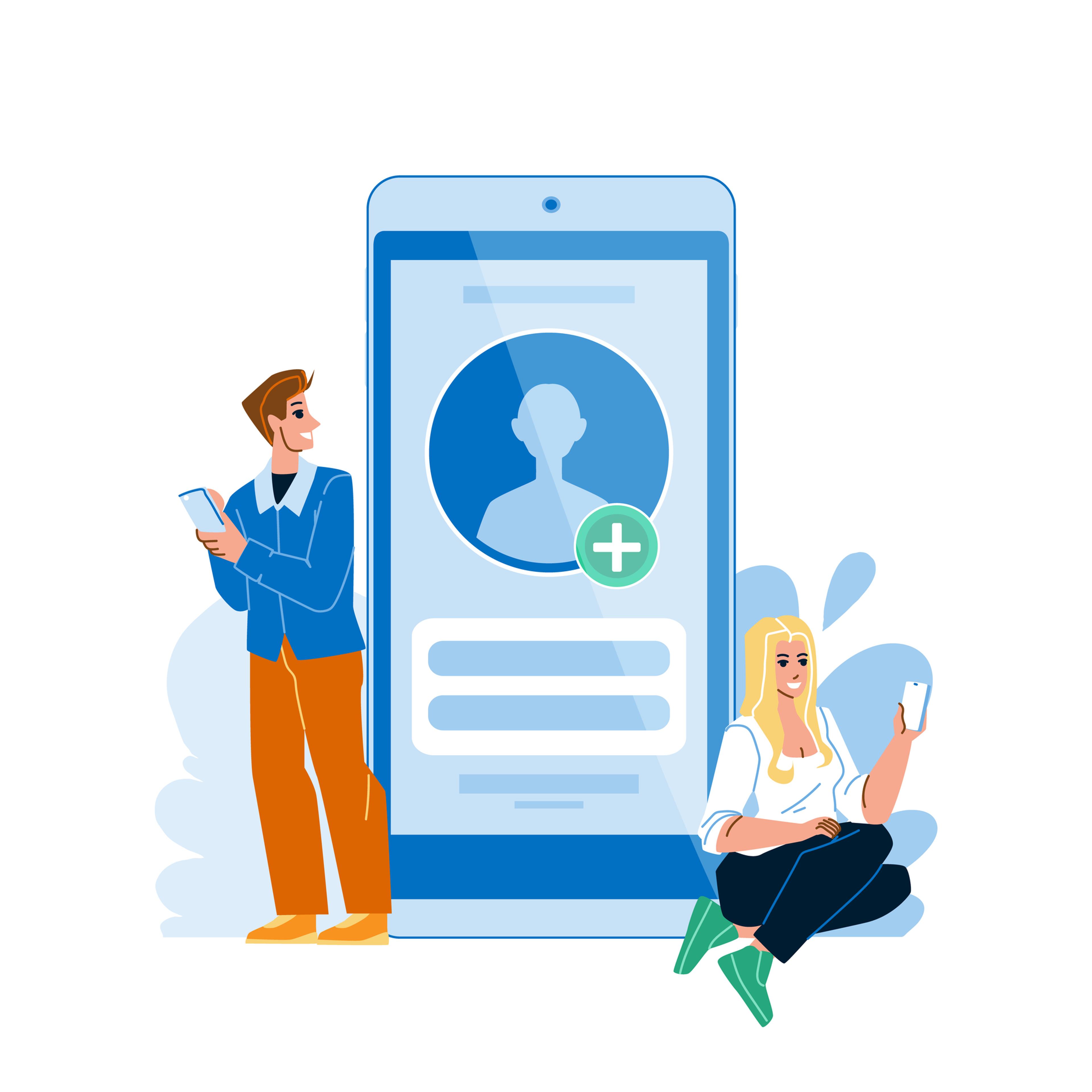 a man and a woman are standing next to a large cell phone .