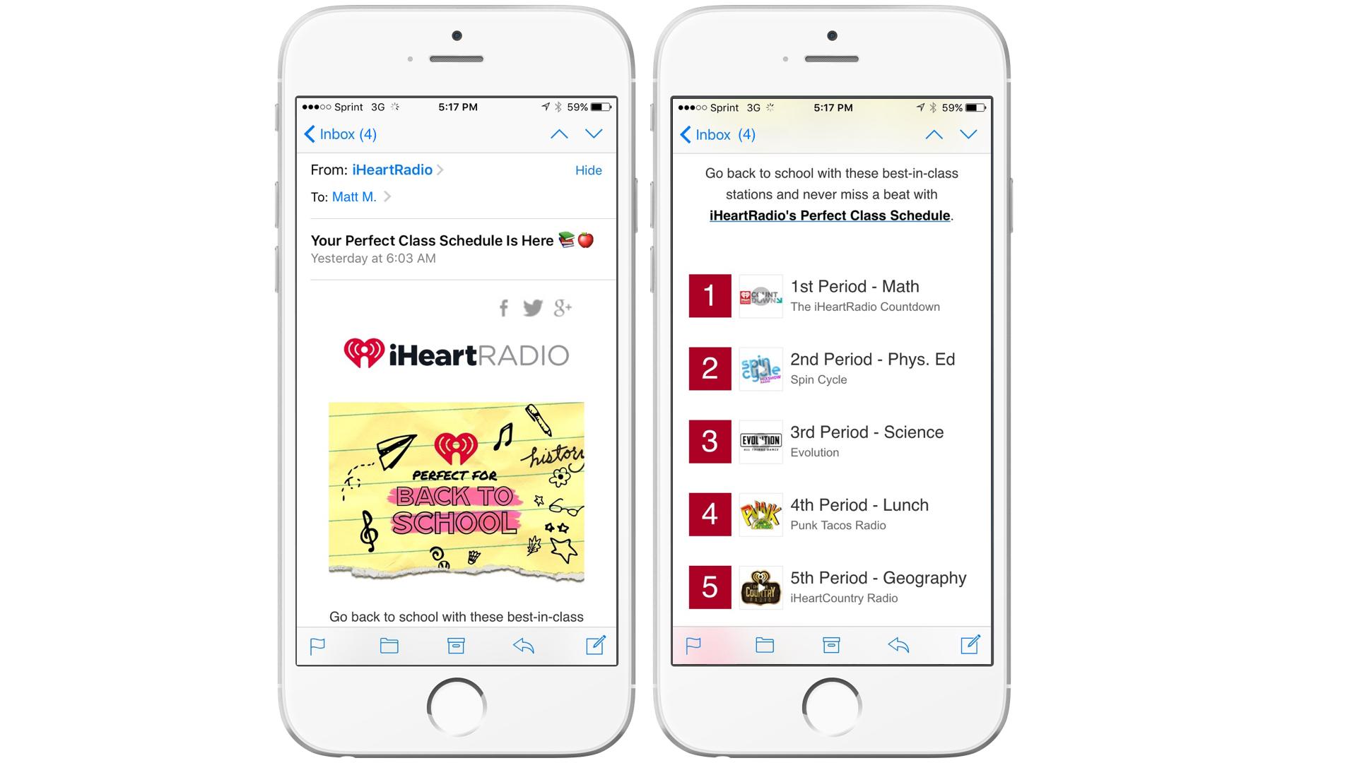 Two smartphone screens displaying an email from iHeartRadio about a perfect class schedule for school, featuring a colorful graphic and a list of classes for the day.
