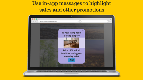 A laptop displaying a webpage with a pop-up message asking if the user's living room is empty, offering a 15% discount on furniture during a one-day sale. The background is bright yellow.