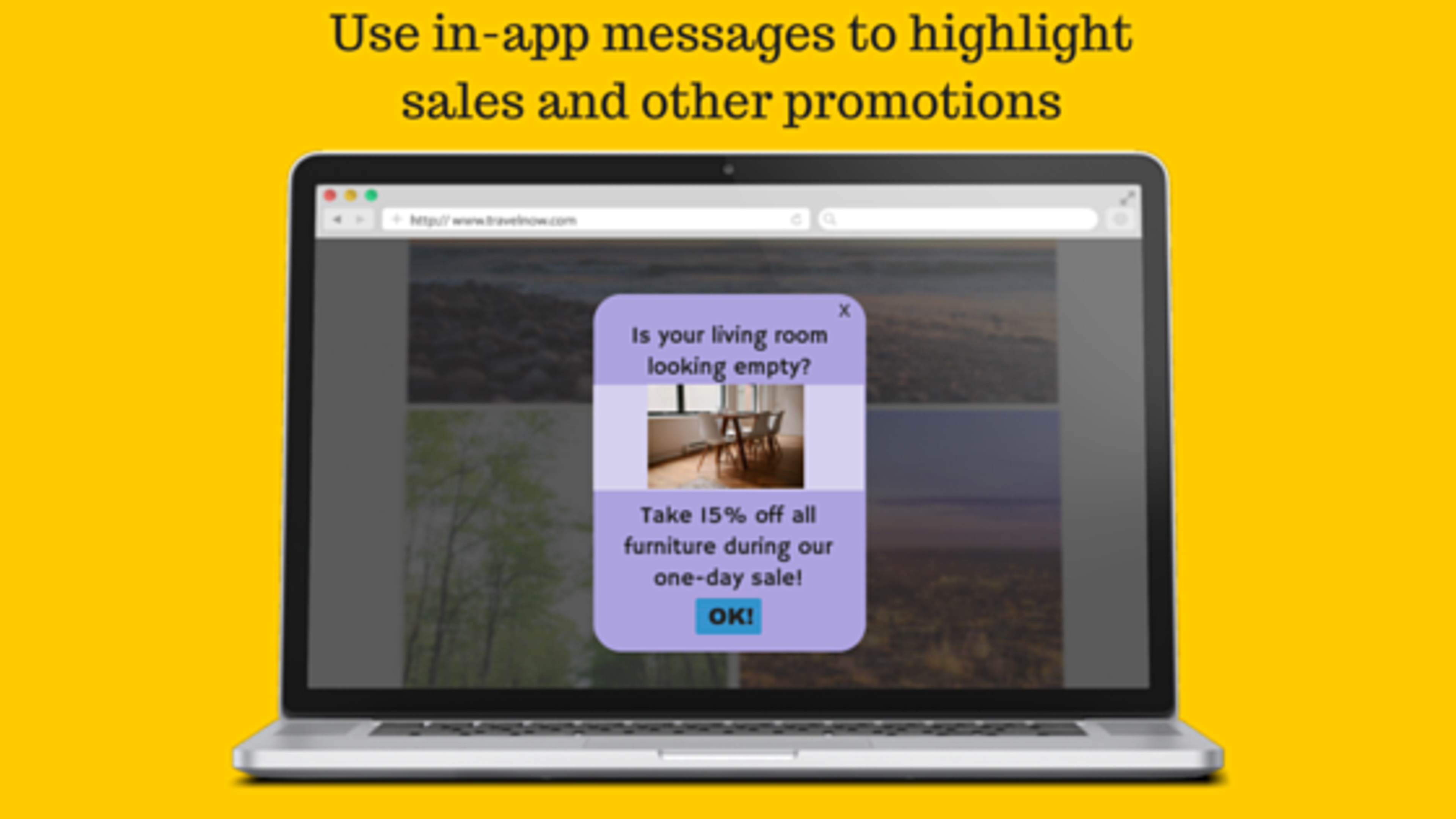 A laptop displaying a webpage with a pop-up message asking if the user's living room is empty, offering a 15% discount on furniture during a one-day sale. The background is bright yellow.