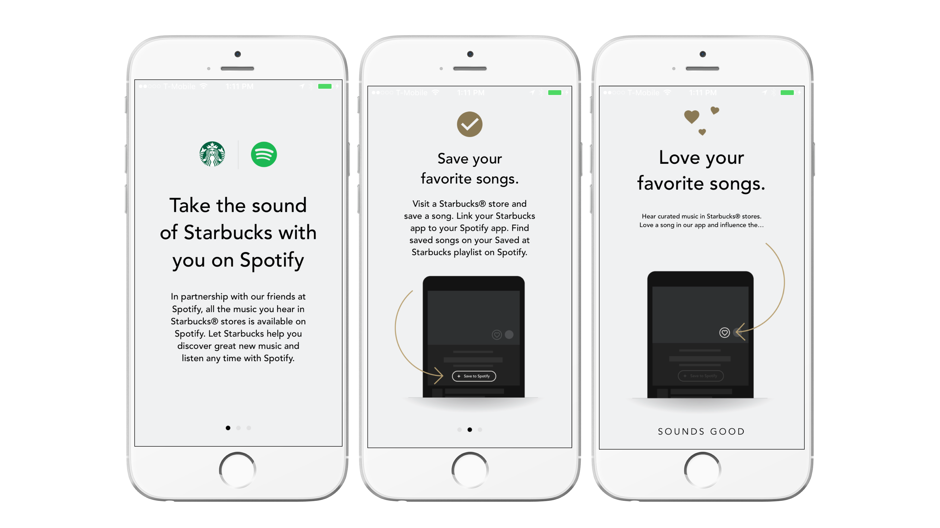 Screenshots of a mobile app interface promoting a partnership between Starbucks and Spotify, highlighting features to save and love favorite songs.