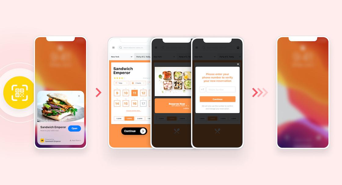A series of smartphone screens displaying a food ordering app for "Sandwich Emperor," showing options to open the app, view menu items, and make a reservation.