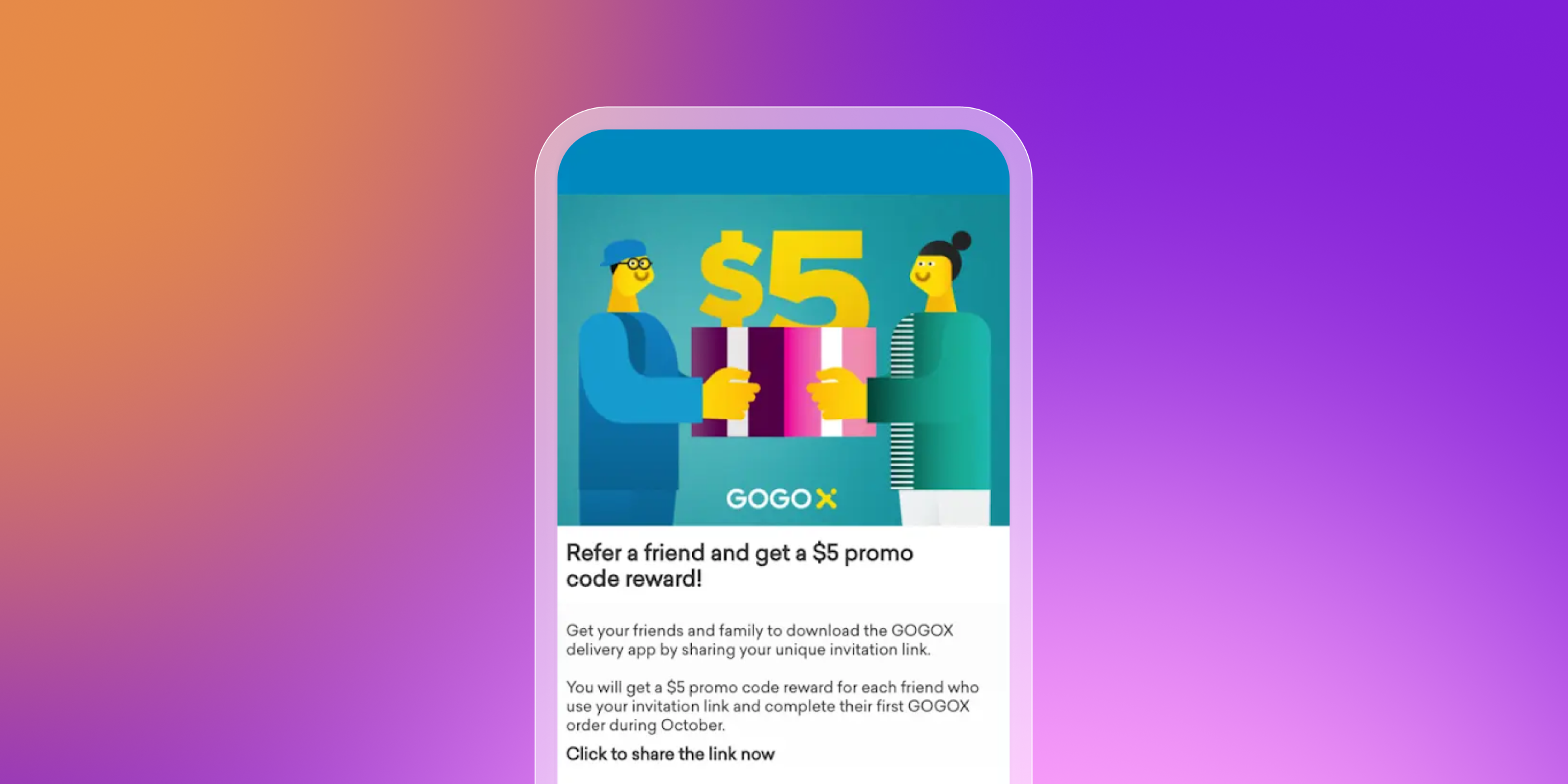 A message from GOGOX saying refer a friend and get $5
