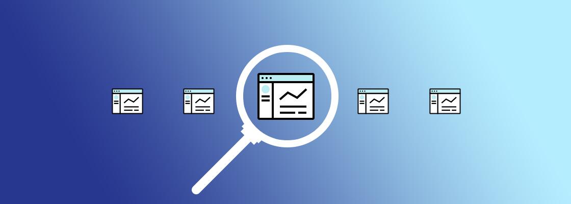 An illustration of a magnifying glass focusing on a computer screen with a graph, surrounded by smaller screens with similar graphs. The background features a gradient from blue to light blue.
