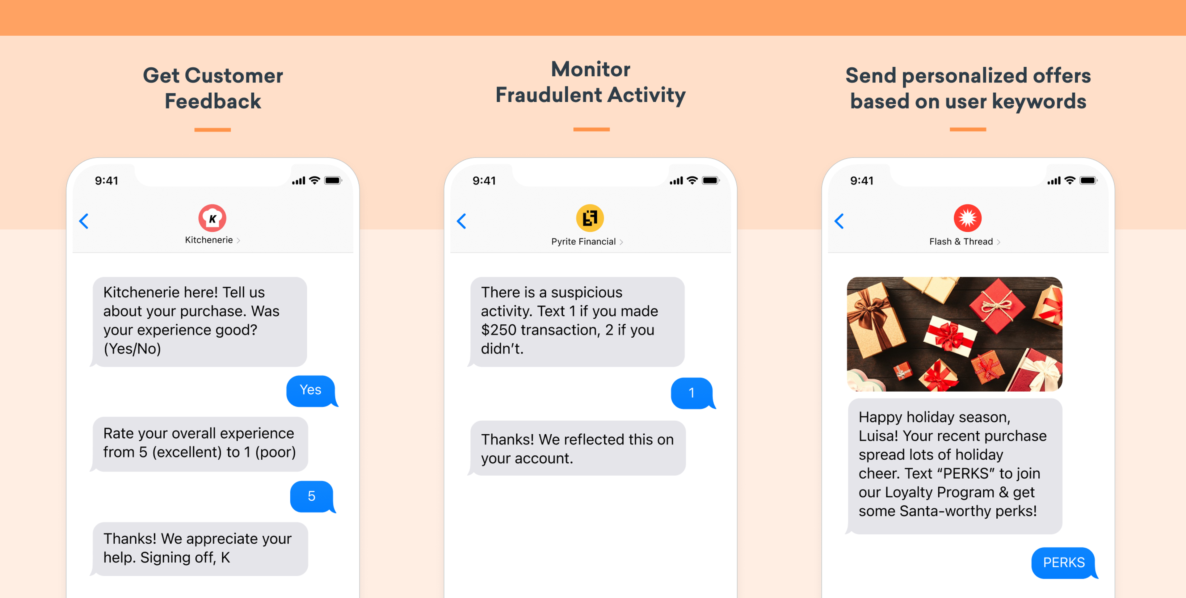 Three smartphone screens displaying text message interactions. The first screen requests customer feedback, the second alerts about suspicious activity, and the third promotes personalized offers for a loyalty program.