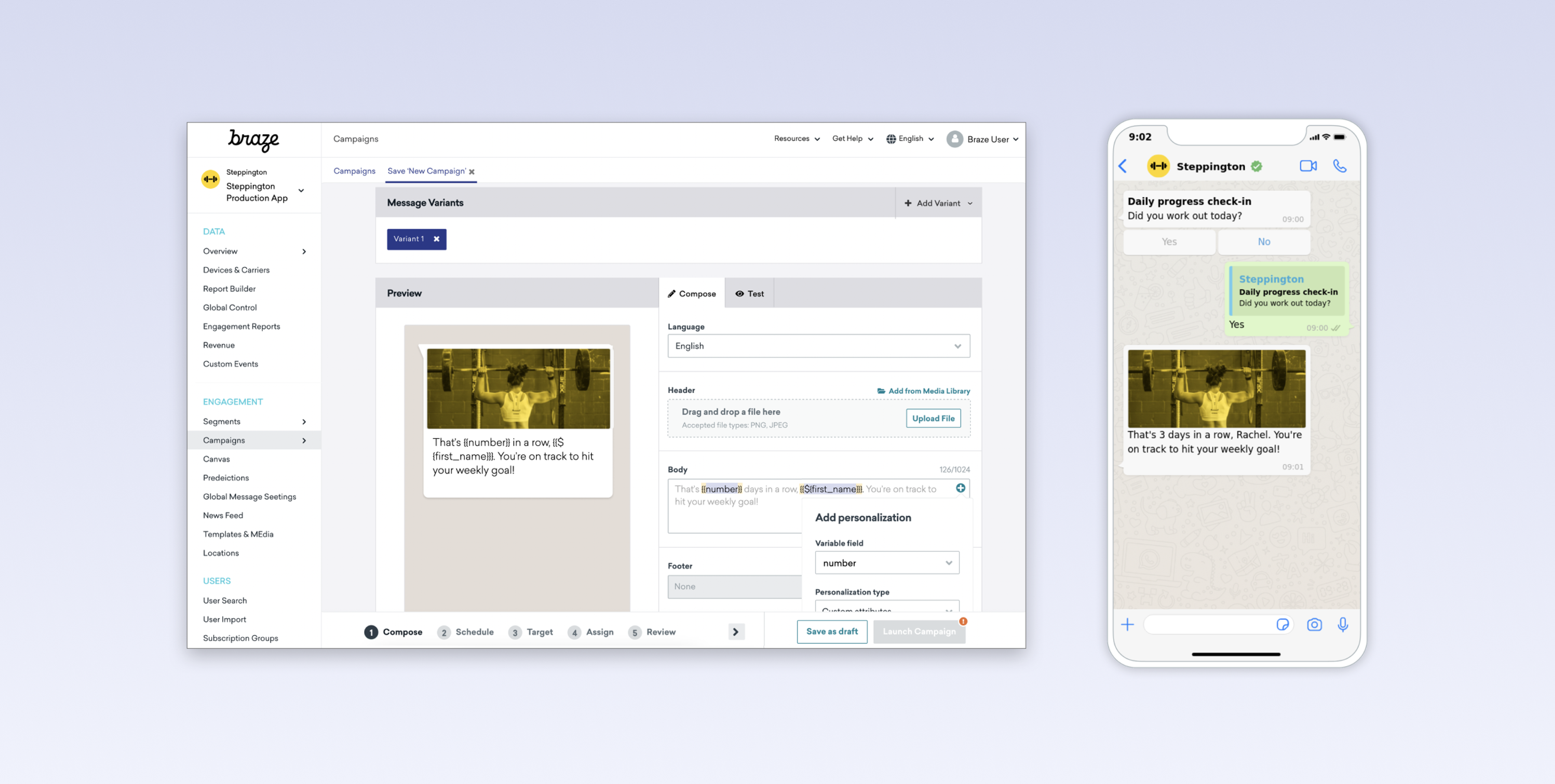 A computer screen displays a campaign management interface, while a smartphone shows a messaging app conversation. Both devices feature a light background with text and images related to a project update.