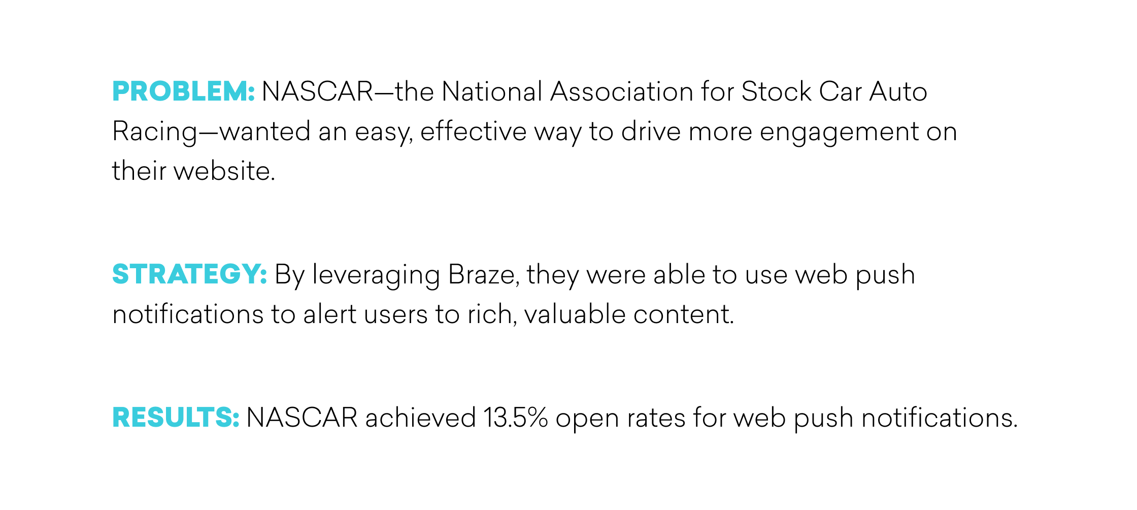 Text outlining NASCAR's problem, strategy, and results regarding web push notifications for user engagement.