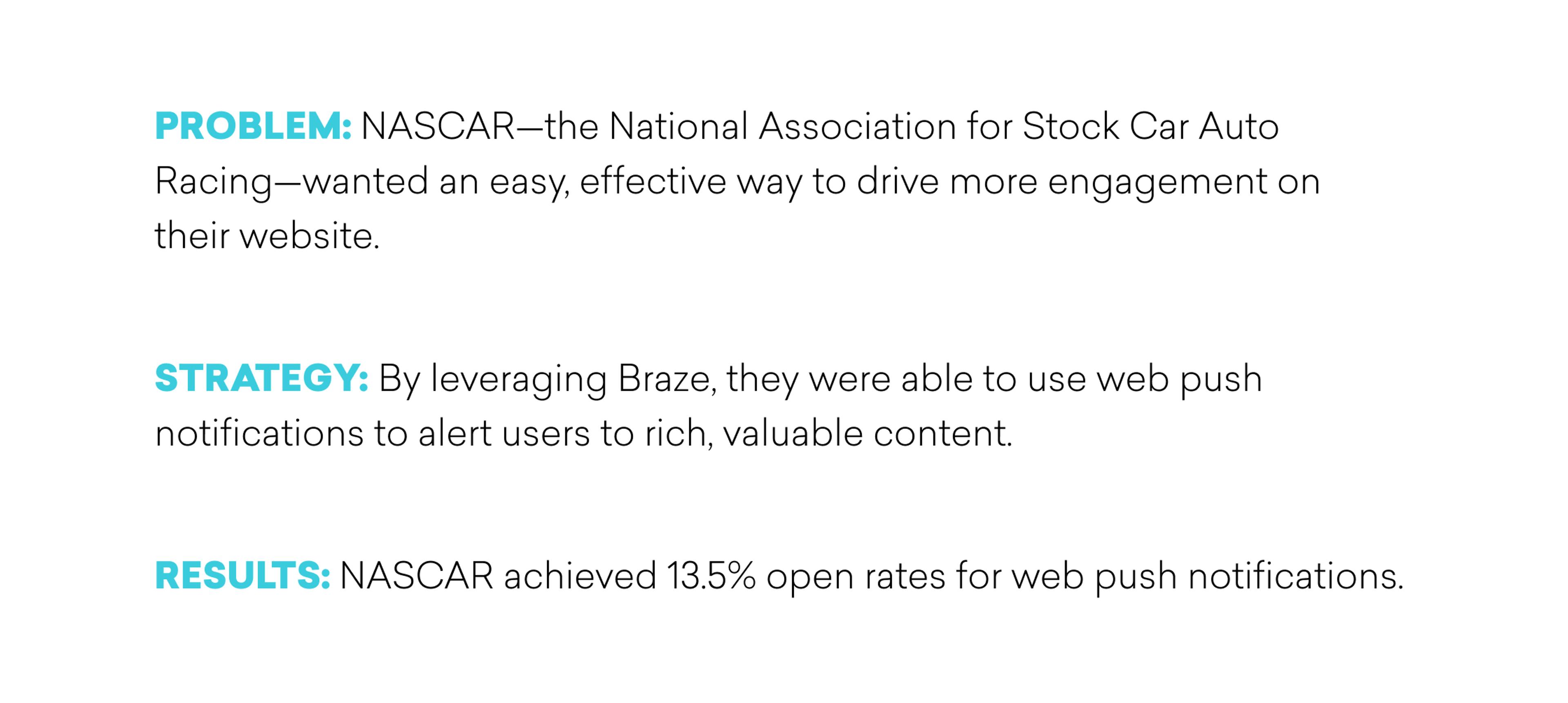 Text outlining NASCAR's problem, strategy, and results regarding web push notifications for user engagement.