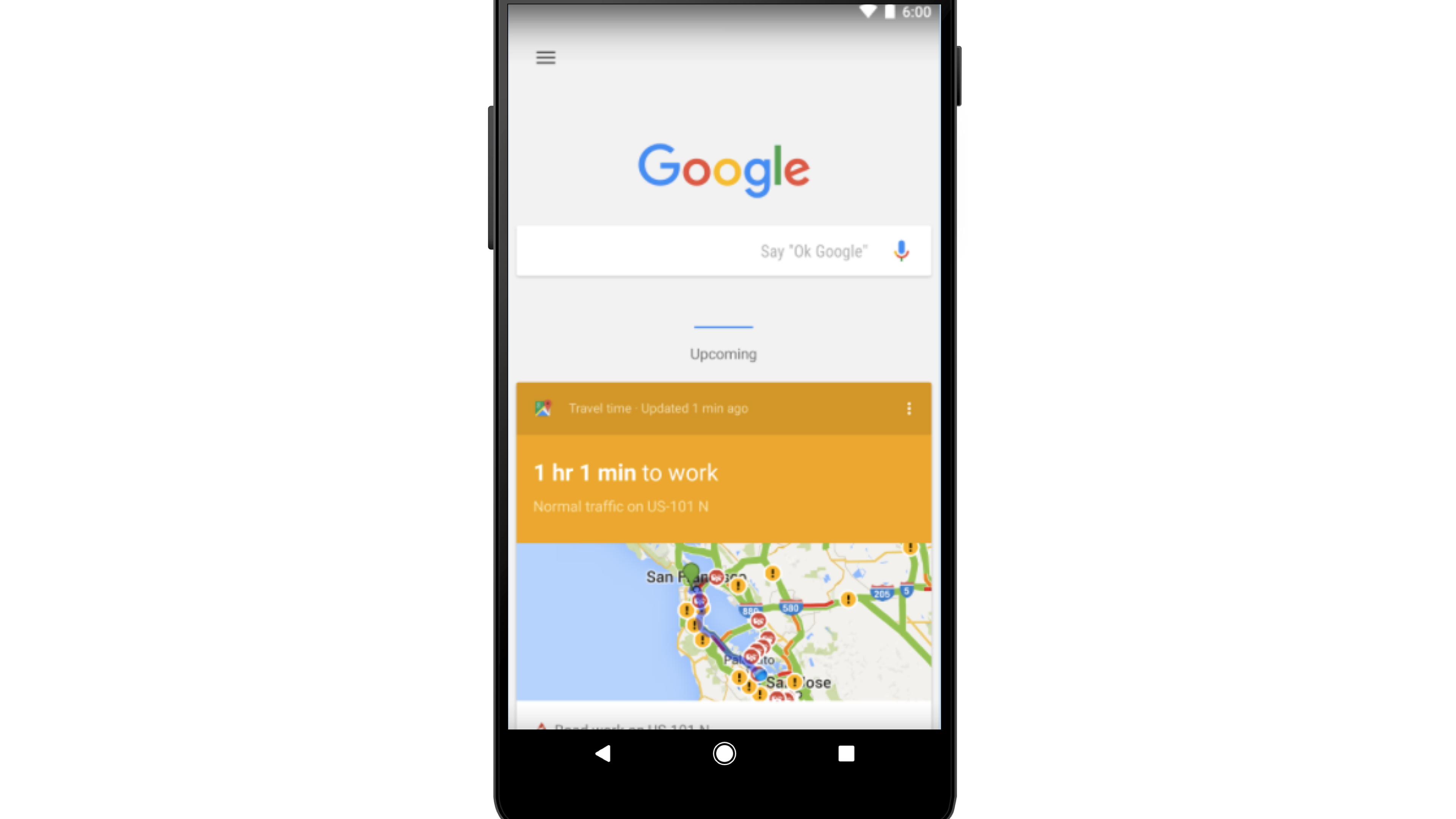 A smartphone displaying the Google app with a travel time estimate of 1 hour and 1 minute to work, showing a map with traffic conditions.