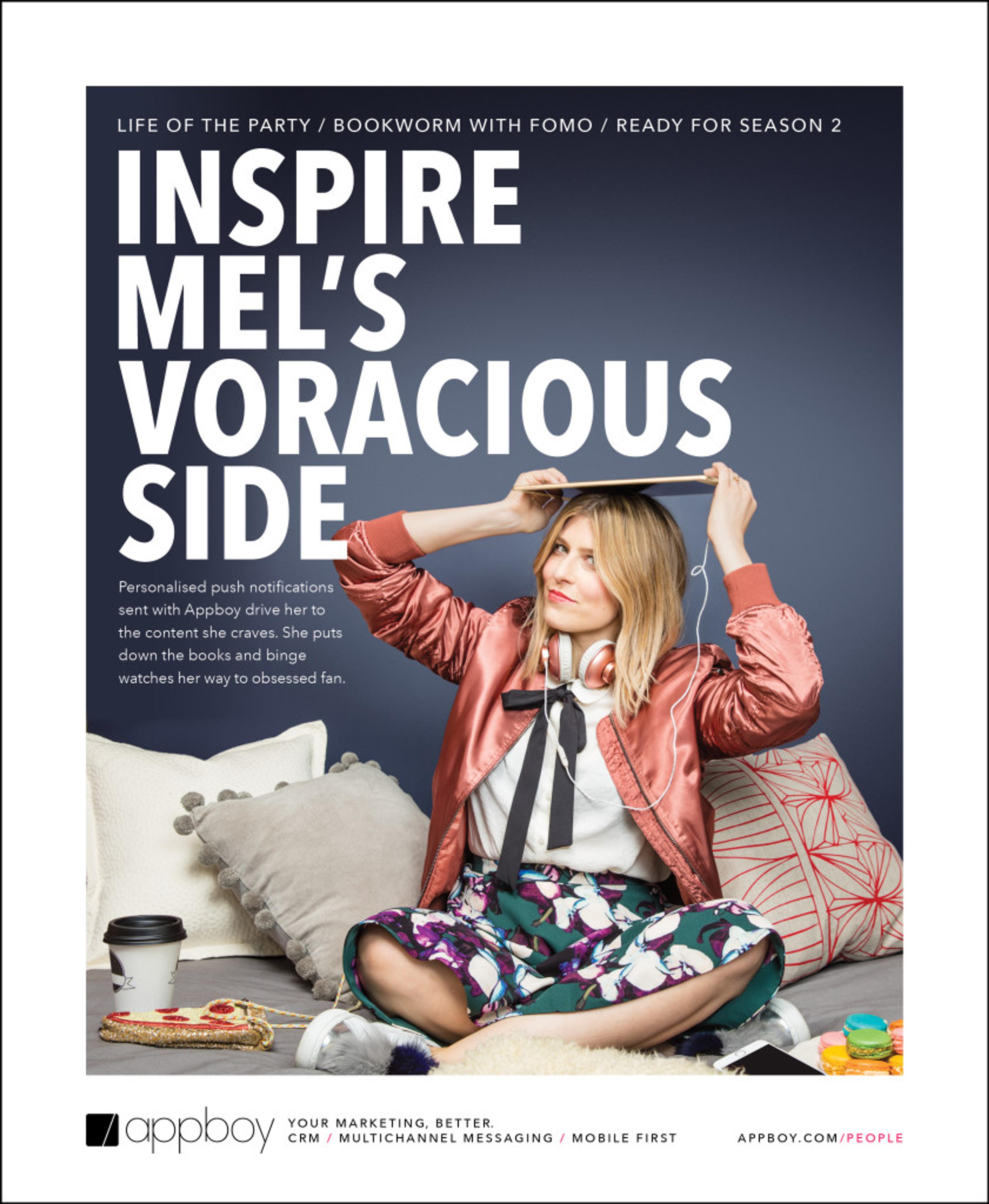 A woman in a pink bomber jacket sits with headphones on, surrounded by books and a laptop, promoting personalized push notifications for content engagement. The text highlights her enthusiasm for binge-watching and staying connected.