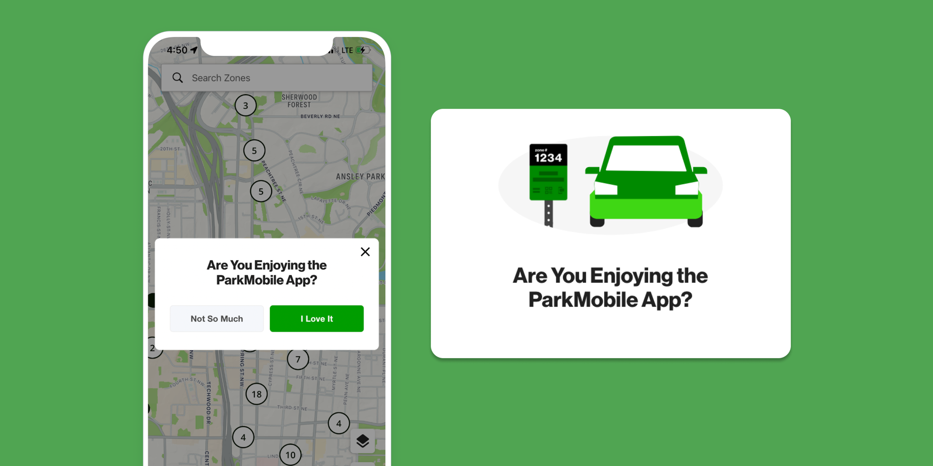 A smartphone screen displaying a map with a ParkMobile app prompt asking if the user enjoys the app. Next to it, an illustration of a car and a parking meter on a green background.